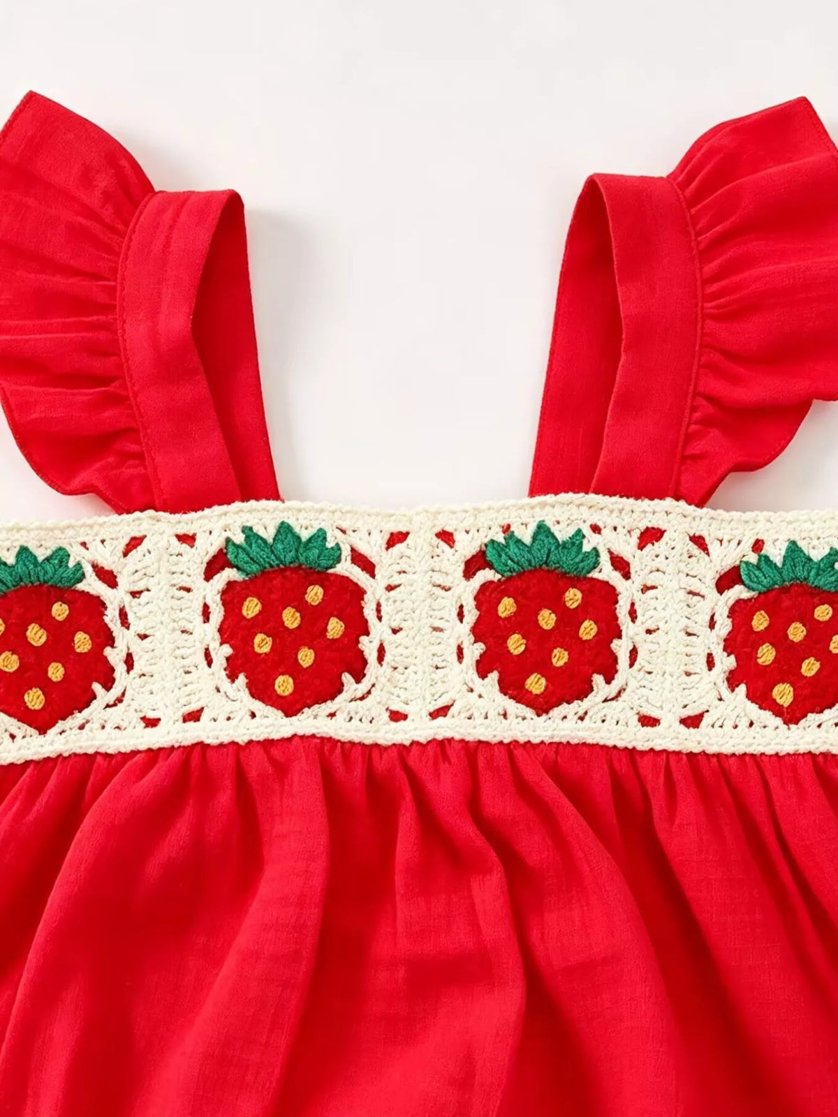 Red ruffle straps and crochet strawberry panel