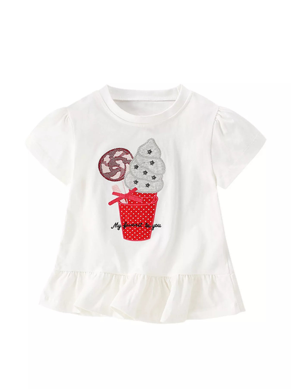 White sequin ice cream ruffle hem top — front