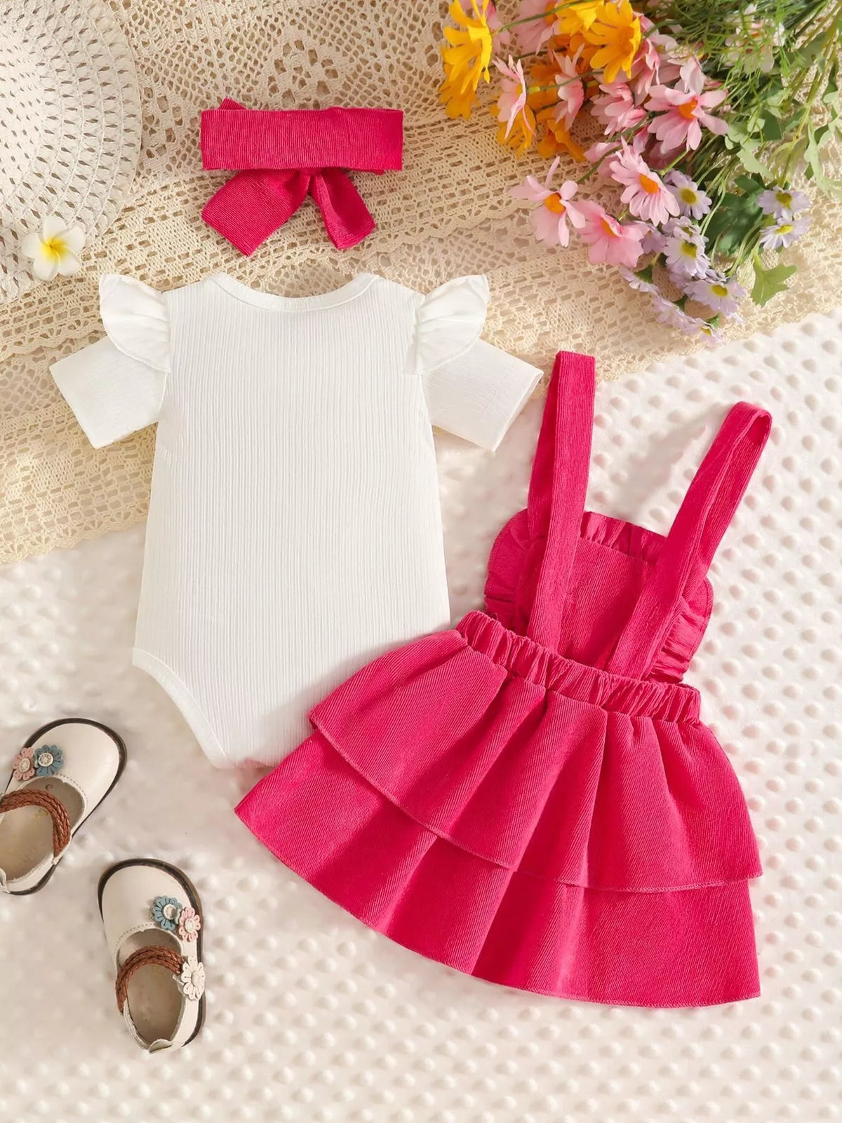 Ribbed floral overall dress and white top set with bow headband — rose red dress back