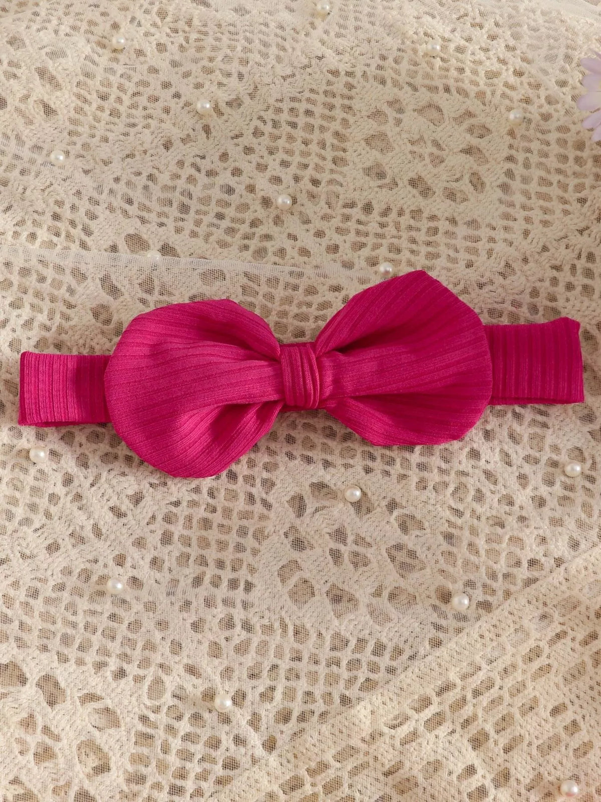 Fuchsia ribbed ruffle bodysuit and bow headband — matching bow headband