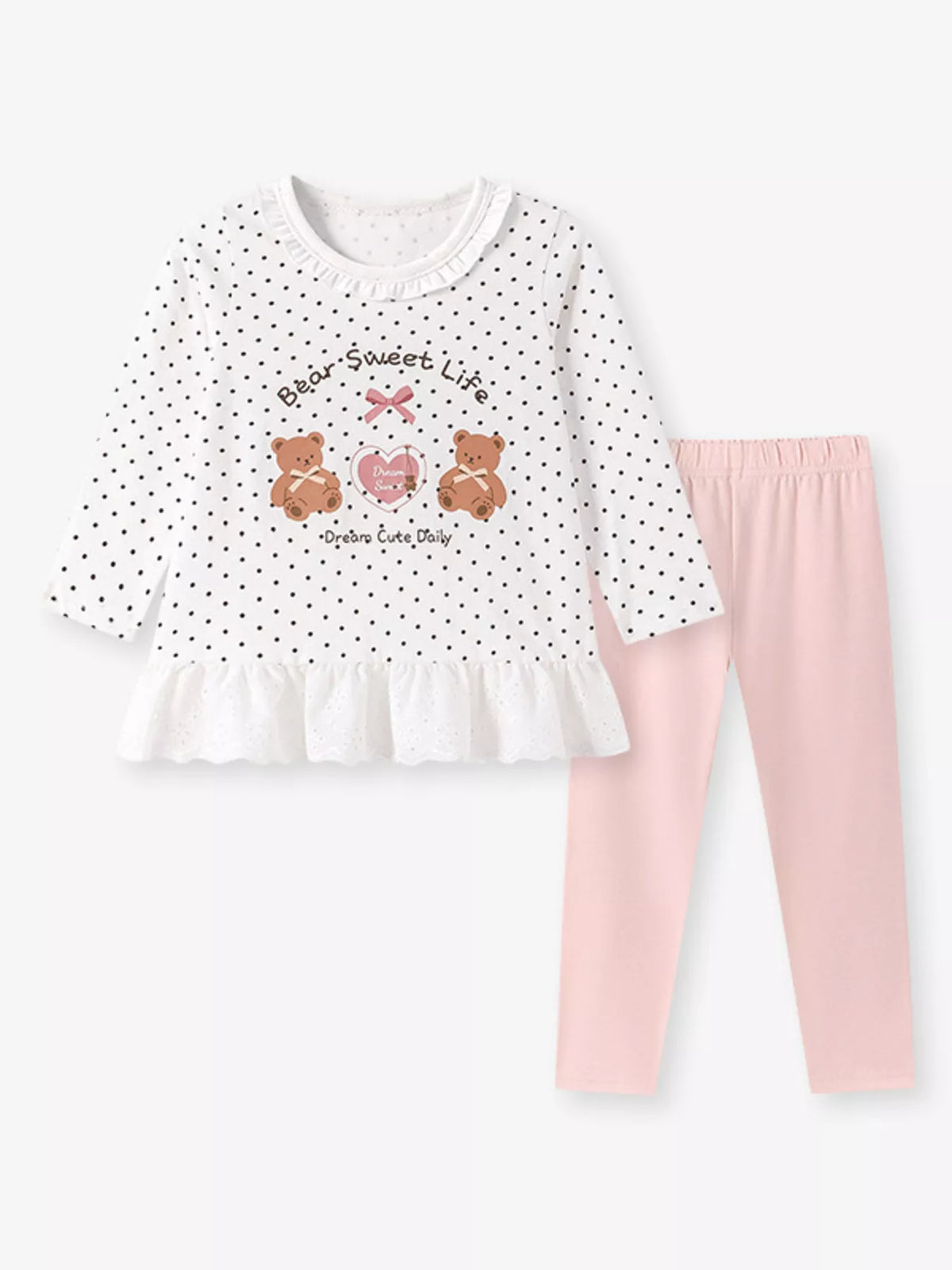 White polka-dot bear ruffle top with pink leggings laid flat