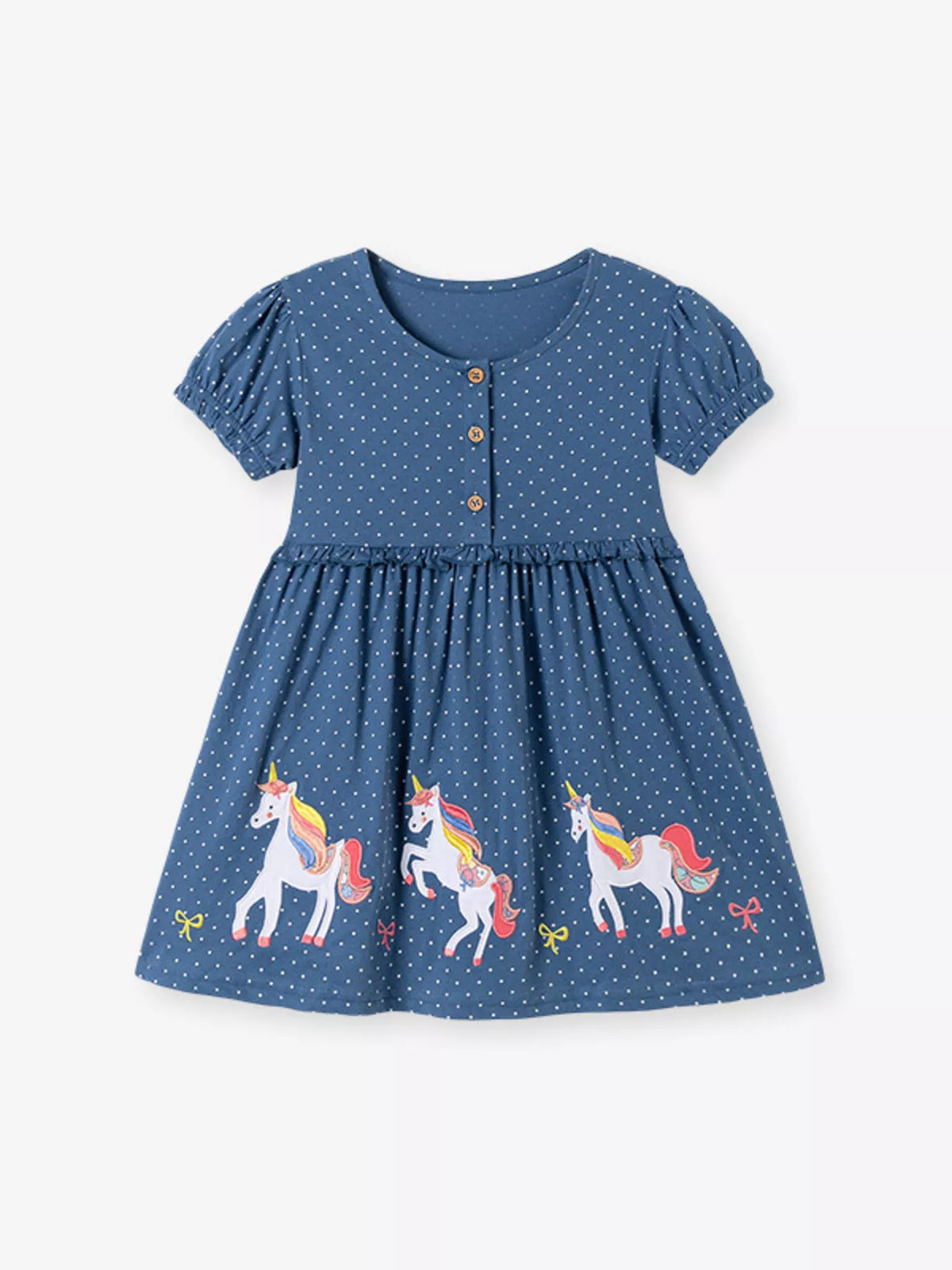 Blue Unicorn Puff Sleeve Dress — front view