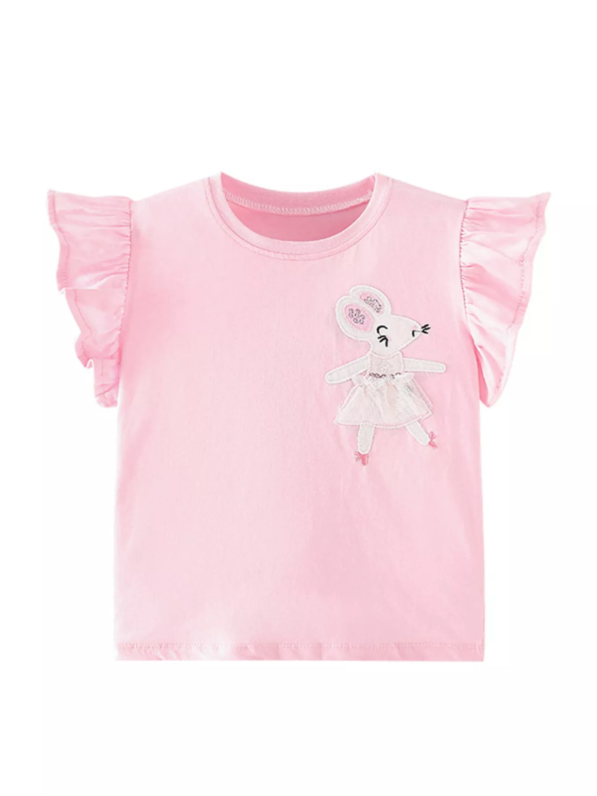 Pink mouse ballerina applique ruffle sleeve shirt — front