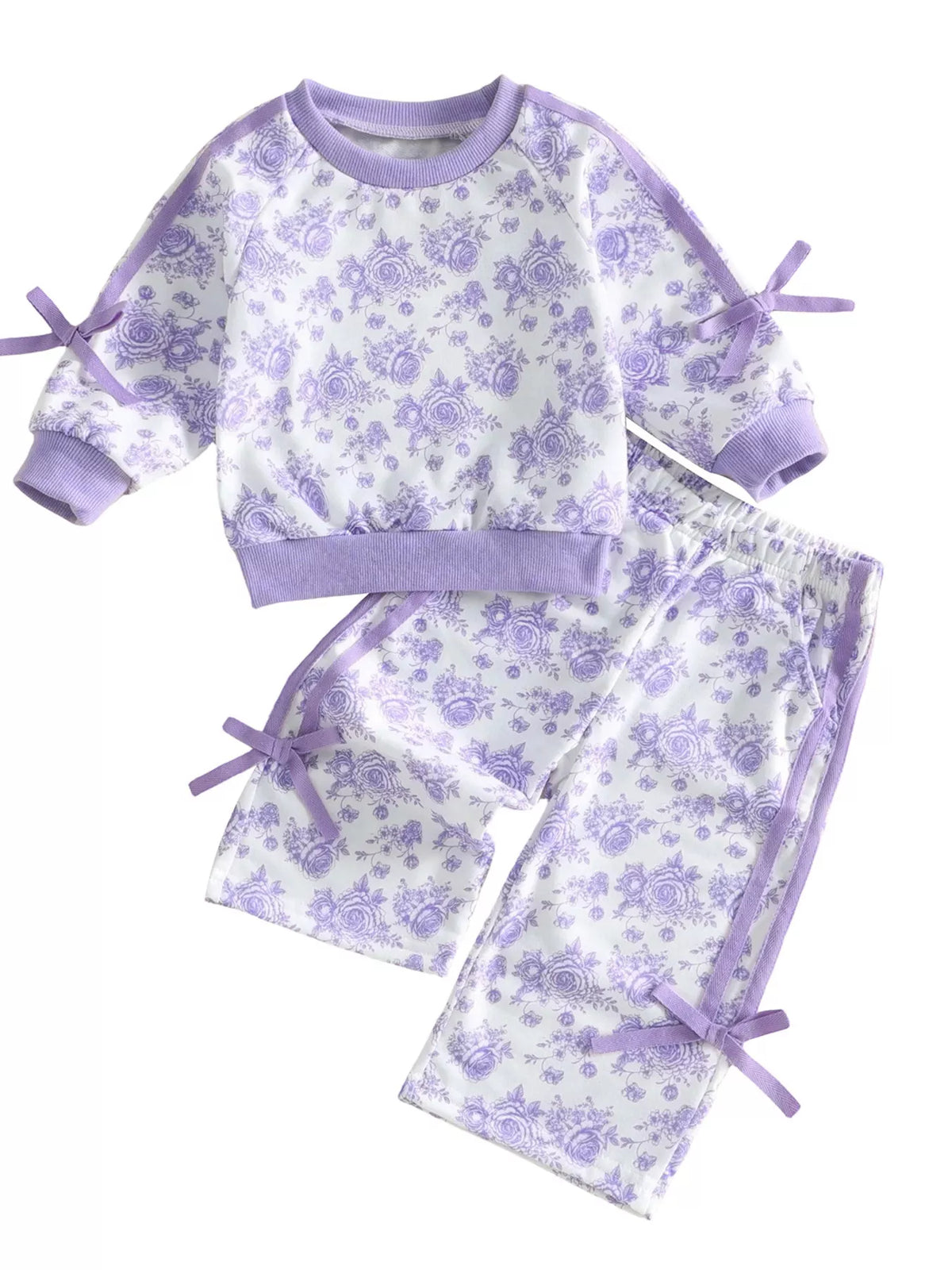 Lavender floral top and pants laid flat