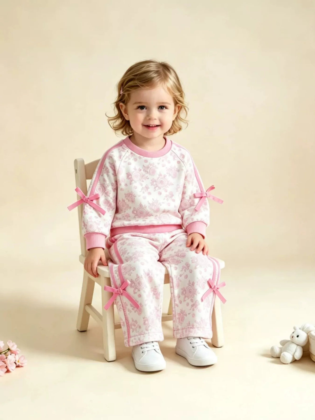 Pink floral outfit on a child seated on a chair