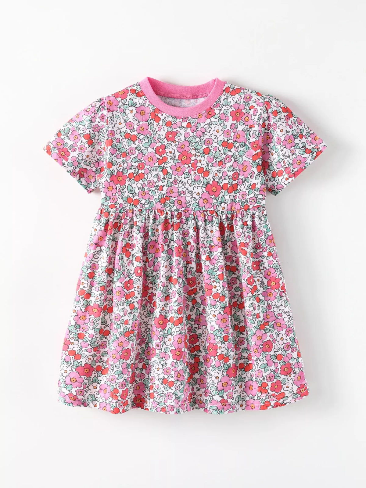 Pink floral short-sleeve dress with contrast neckline laid flat