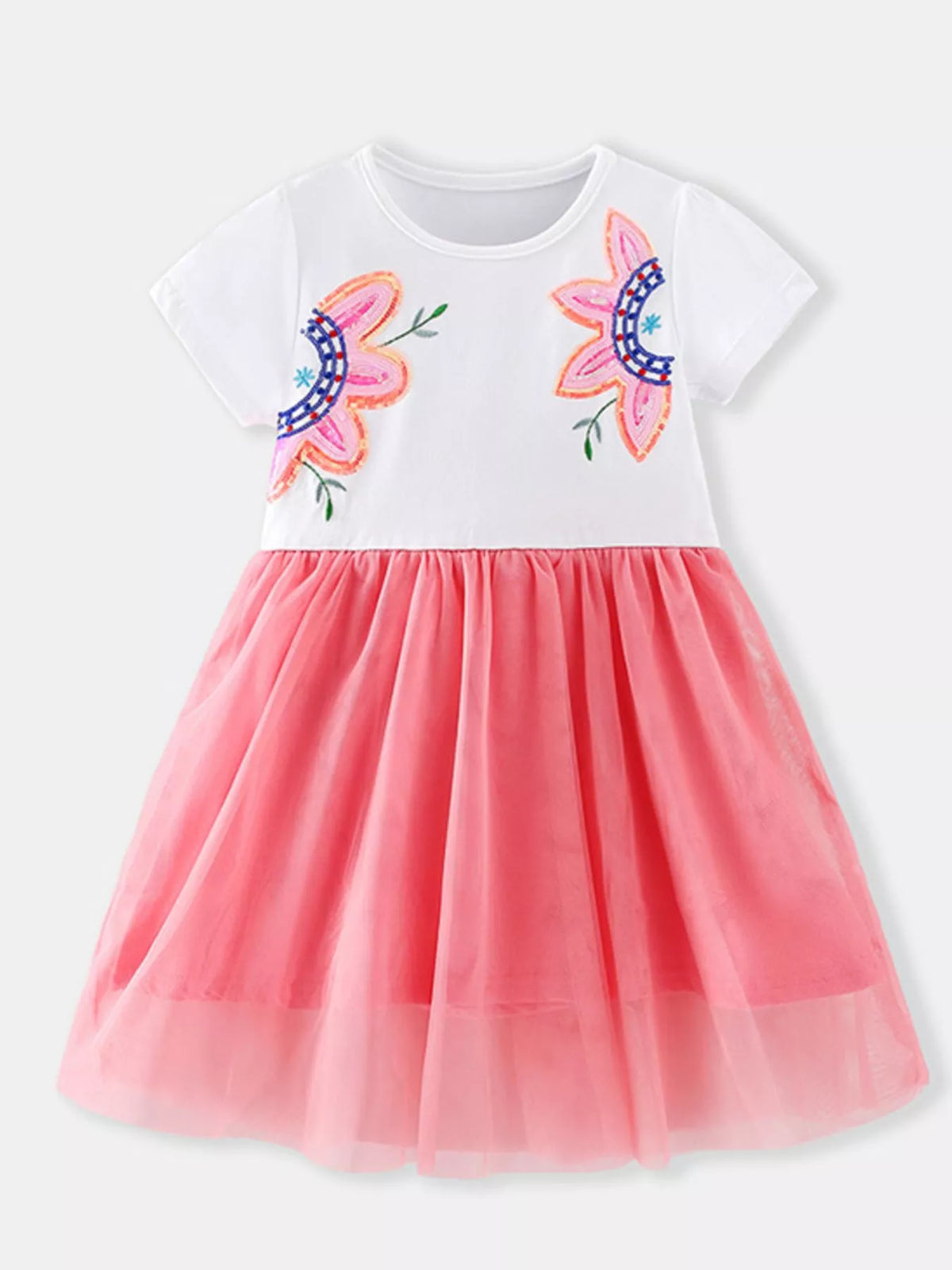 Embroidered Flower Coral Tulle Dress — front view