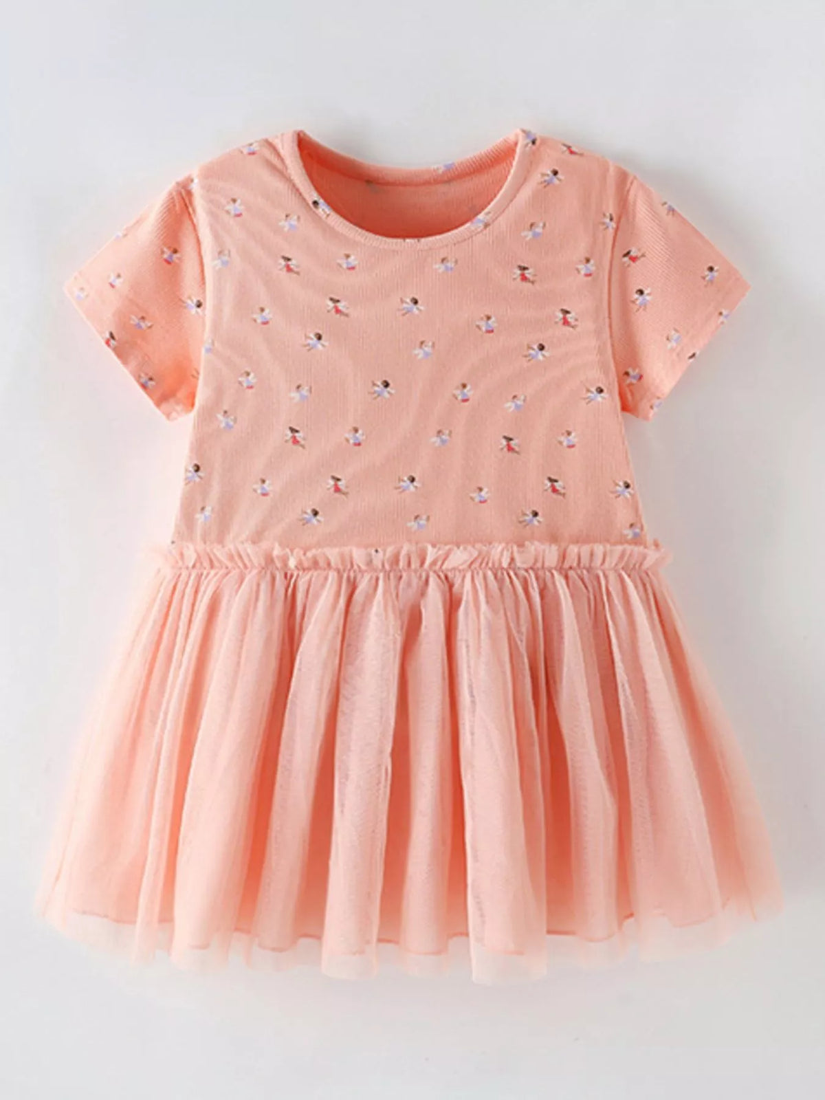 Peach Floral Print Layered Tulle Dress — front view