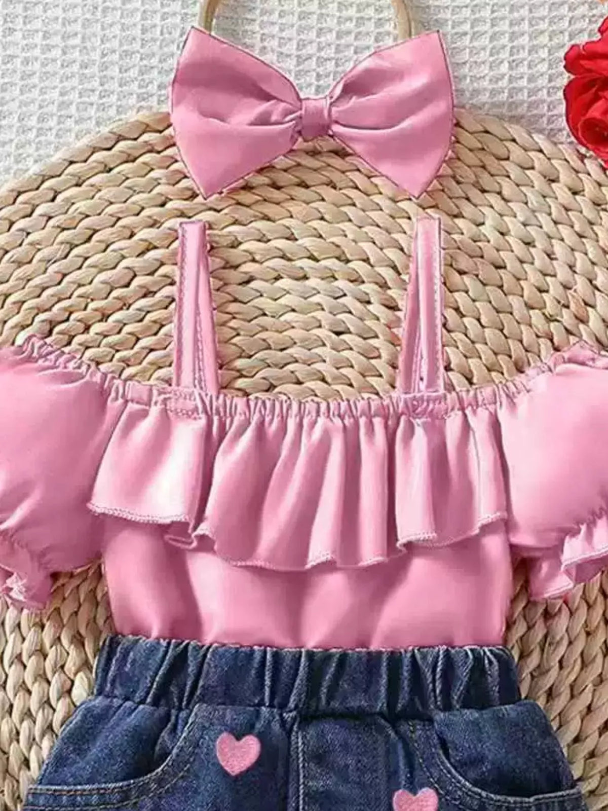 Ruffle cold shoulder top heart denim shorts and headband — pink ruffle top and headband