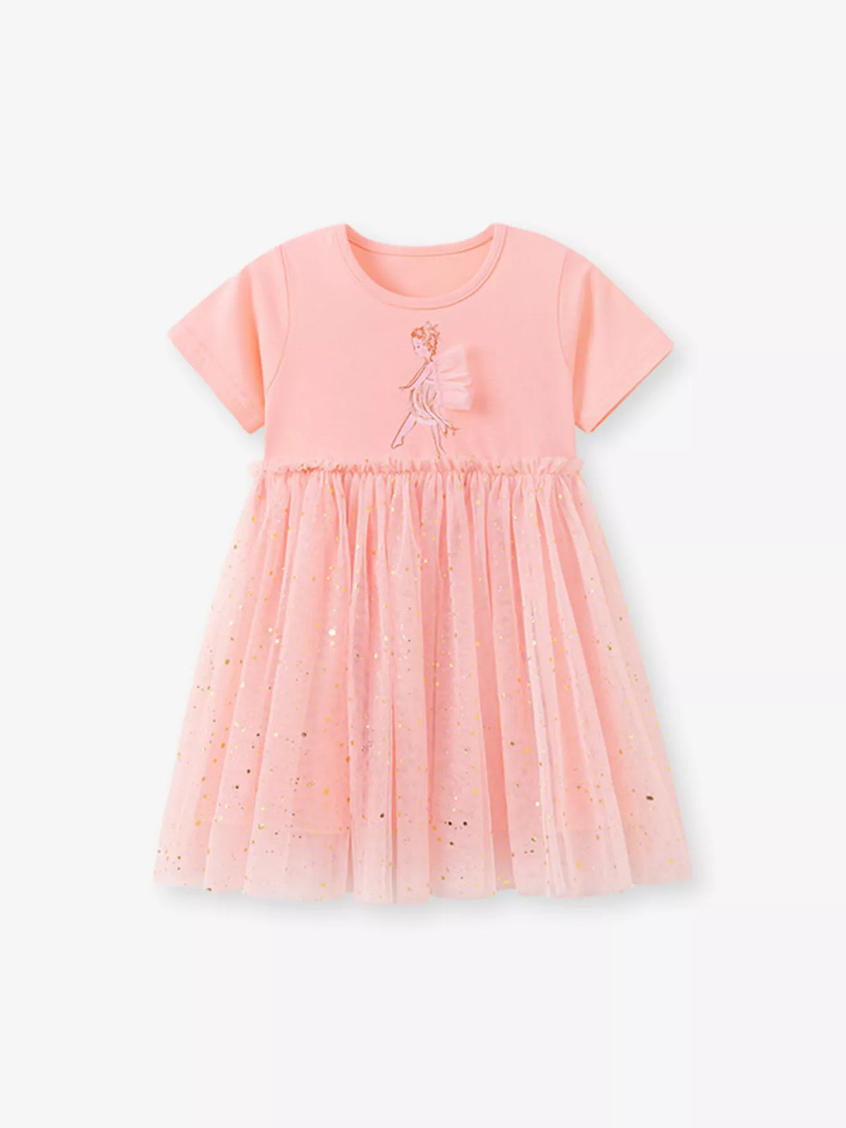 Peach fairy dress with a gold-speckled tulle skirt laid flat