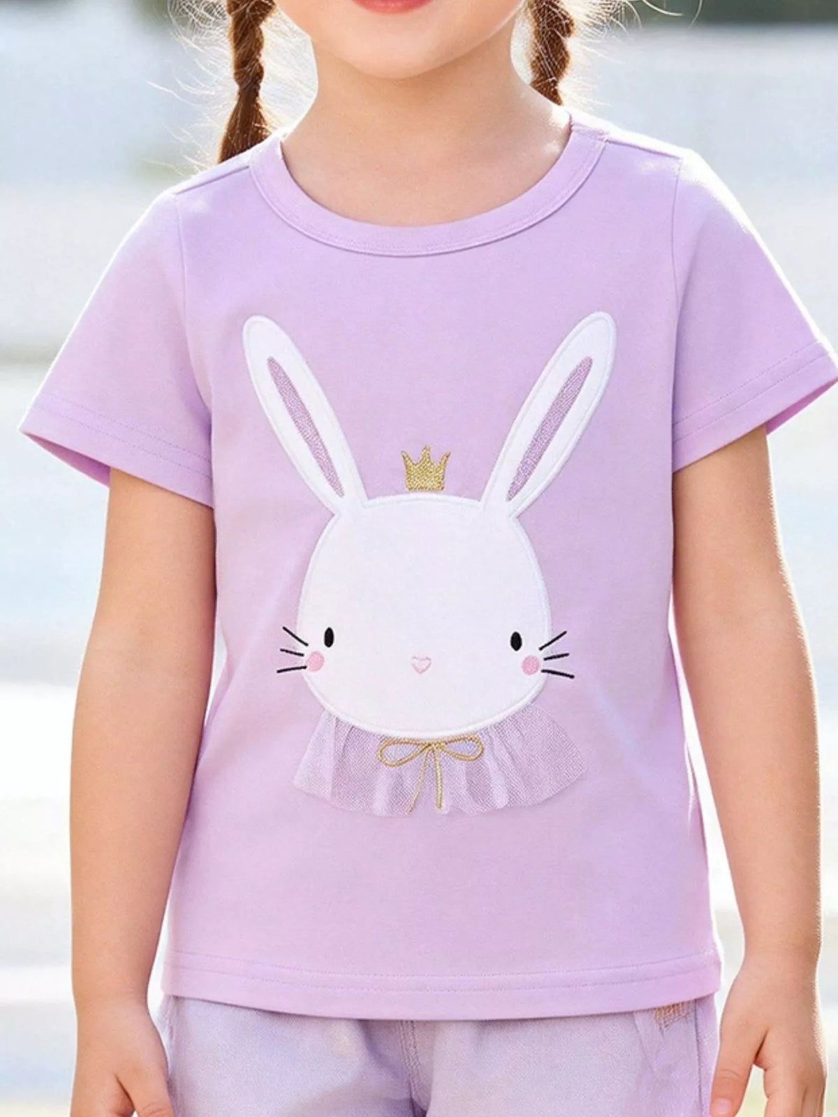 Lavender crowned bunny applique shirt — shirt shown on child
