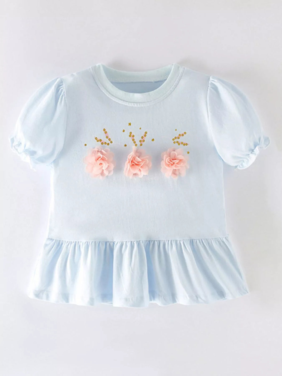 Light blue flower applique puff sleeve ruffle hem top — front