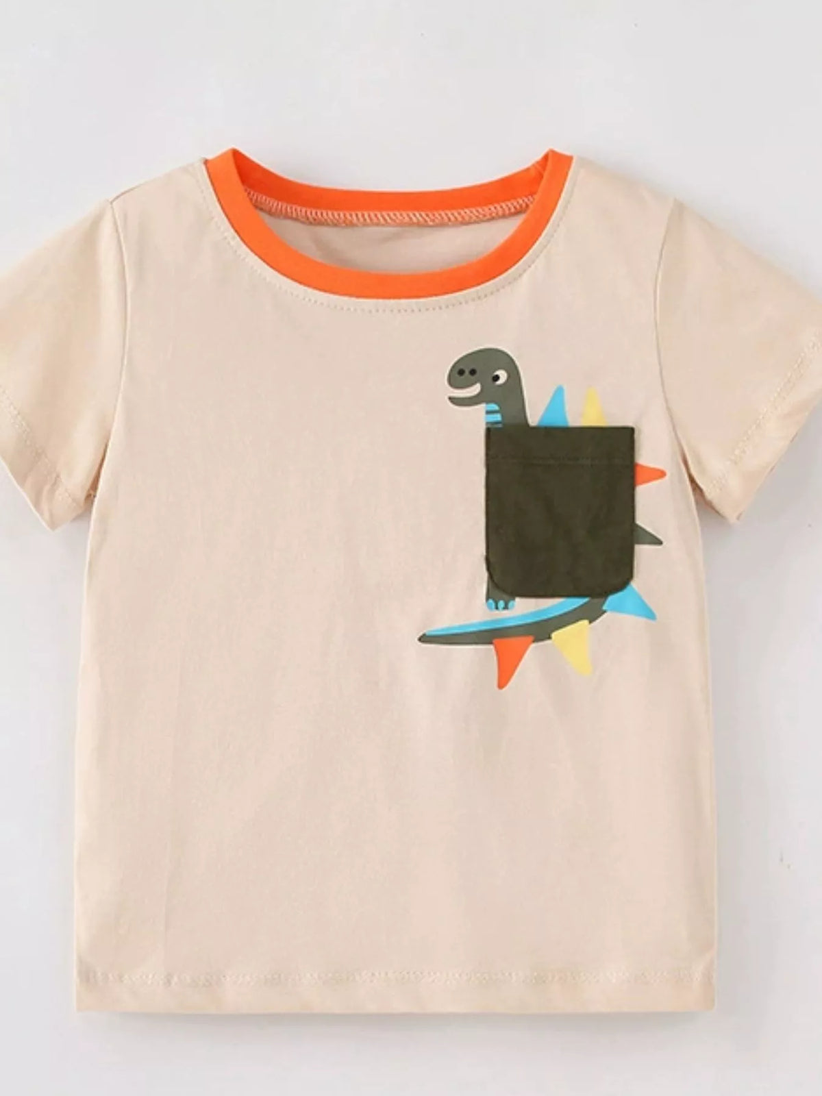 Beige dinosaur patch pocket shirt — front