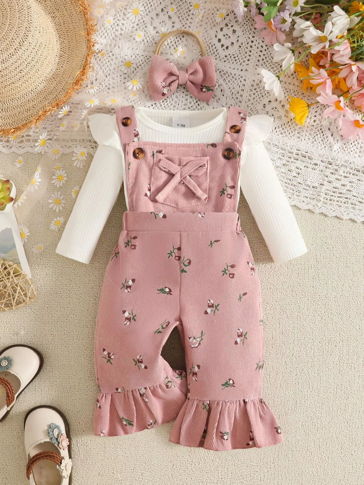 White bodysuit and floral ribbed overalls with bow headband — pink overall outfit with headband