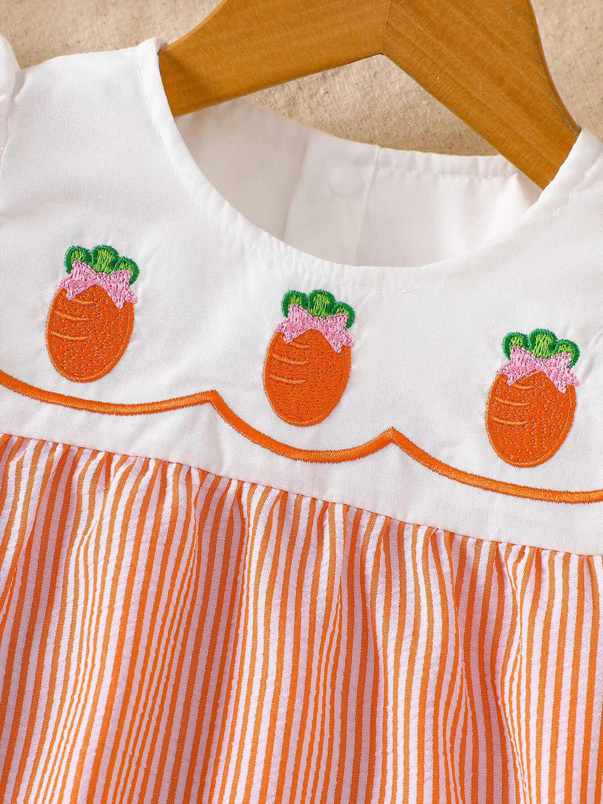 Baby Embroidered Yoke Striped Dress — carrot embroidery on white yoke