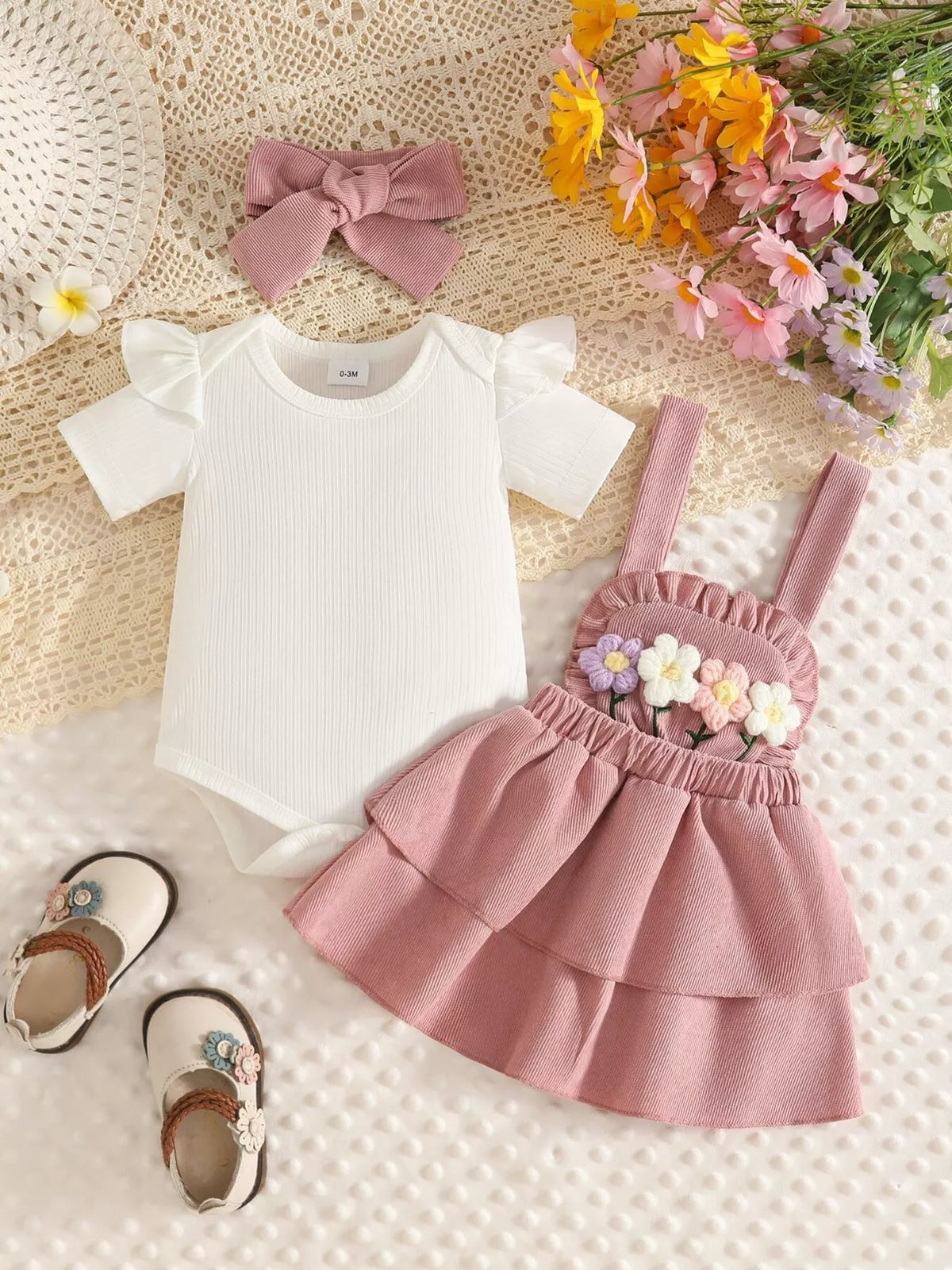 Ribbed floral overall dress and white top set with bow headband — pink dress and white top separated