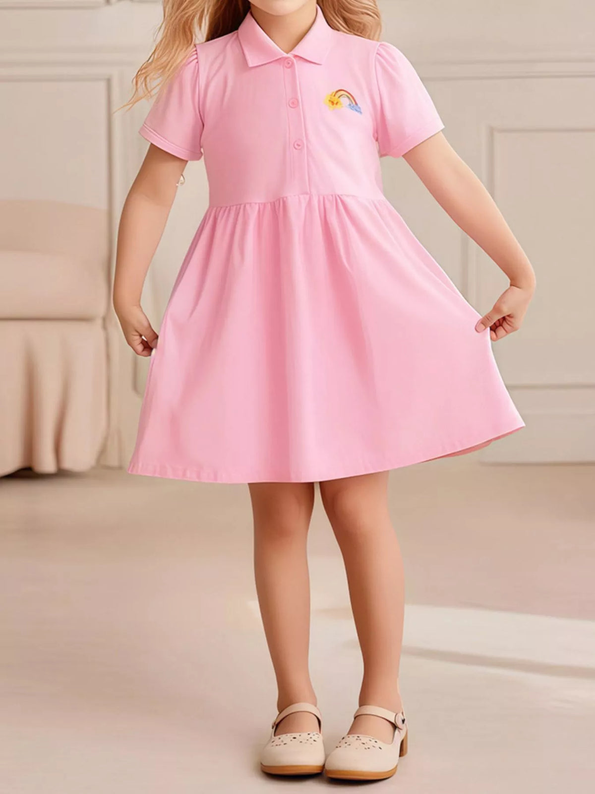 Pink Rainbow Embroidered Polo Dress — dress worn by a child