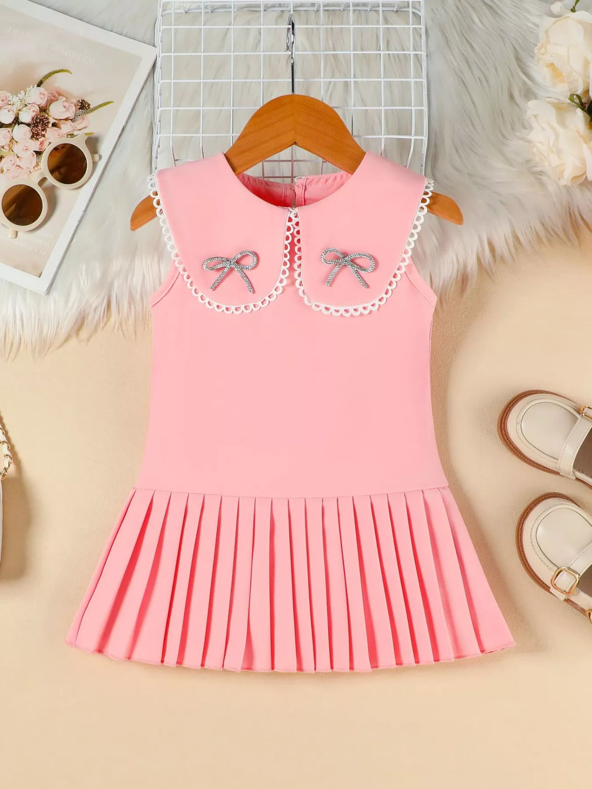 Bow Collar Sleeveless Pleated Dress — pink dress front