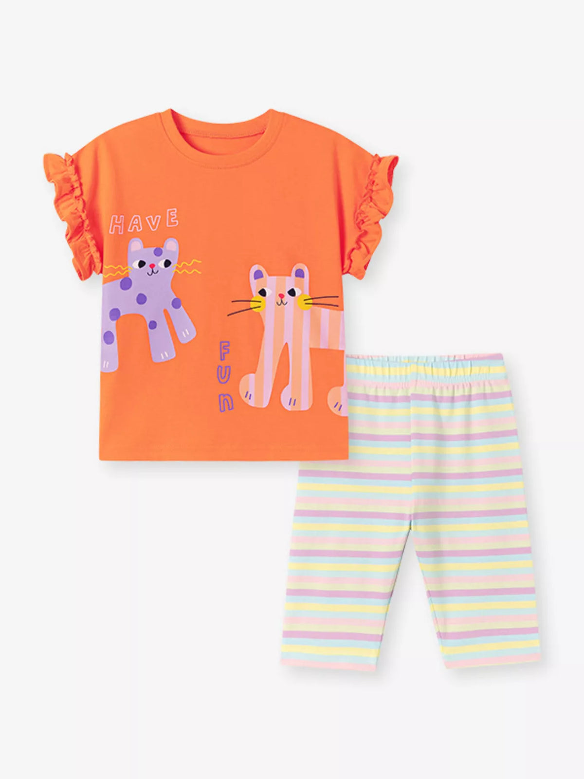 Orange cat-graphic ruffle-sleeve tee with striped capri leggings laid flat