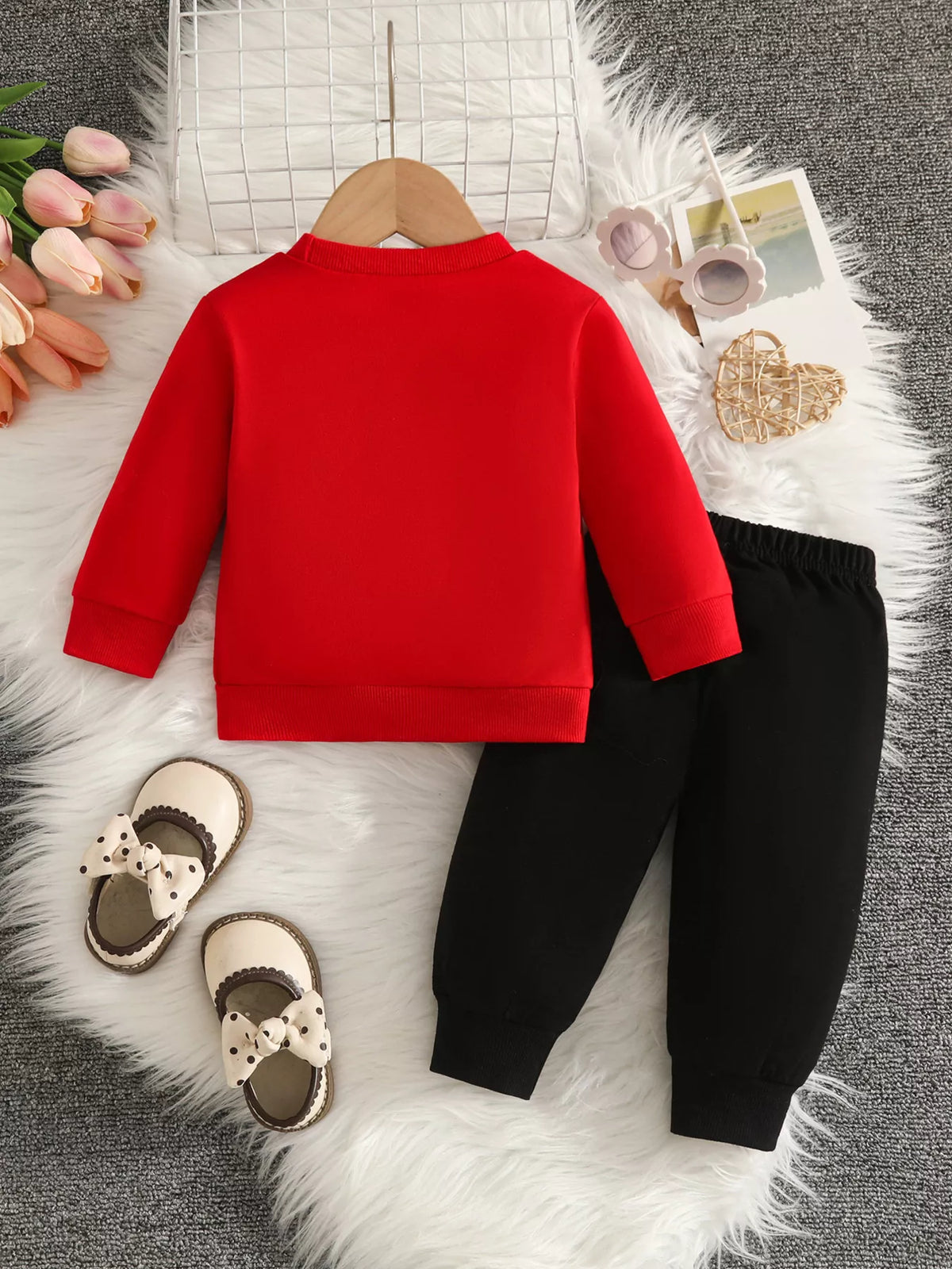 Bow embellished sweatshirt and black pants set — red outfit back