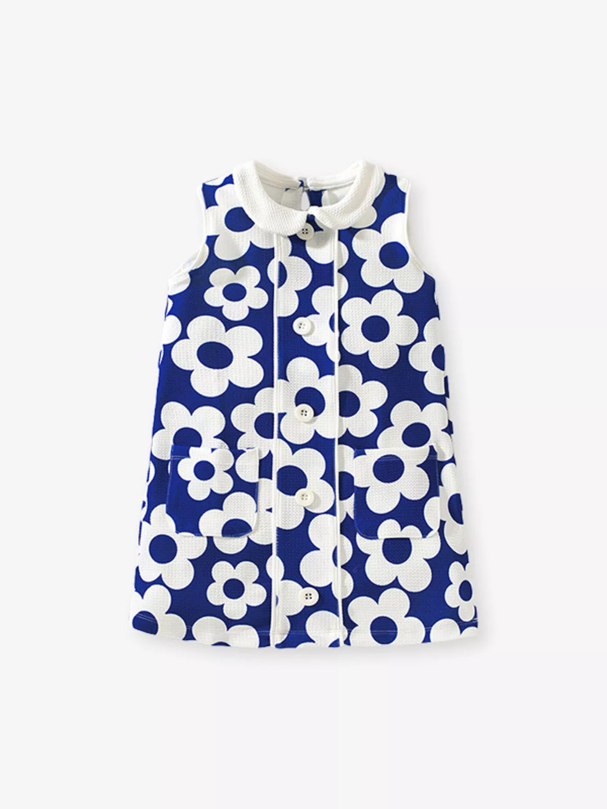 Blue Floral Sleeveless Collared Dress — front view
