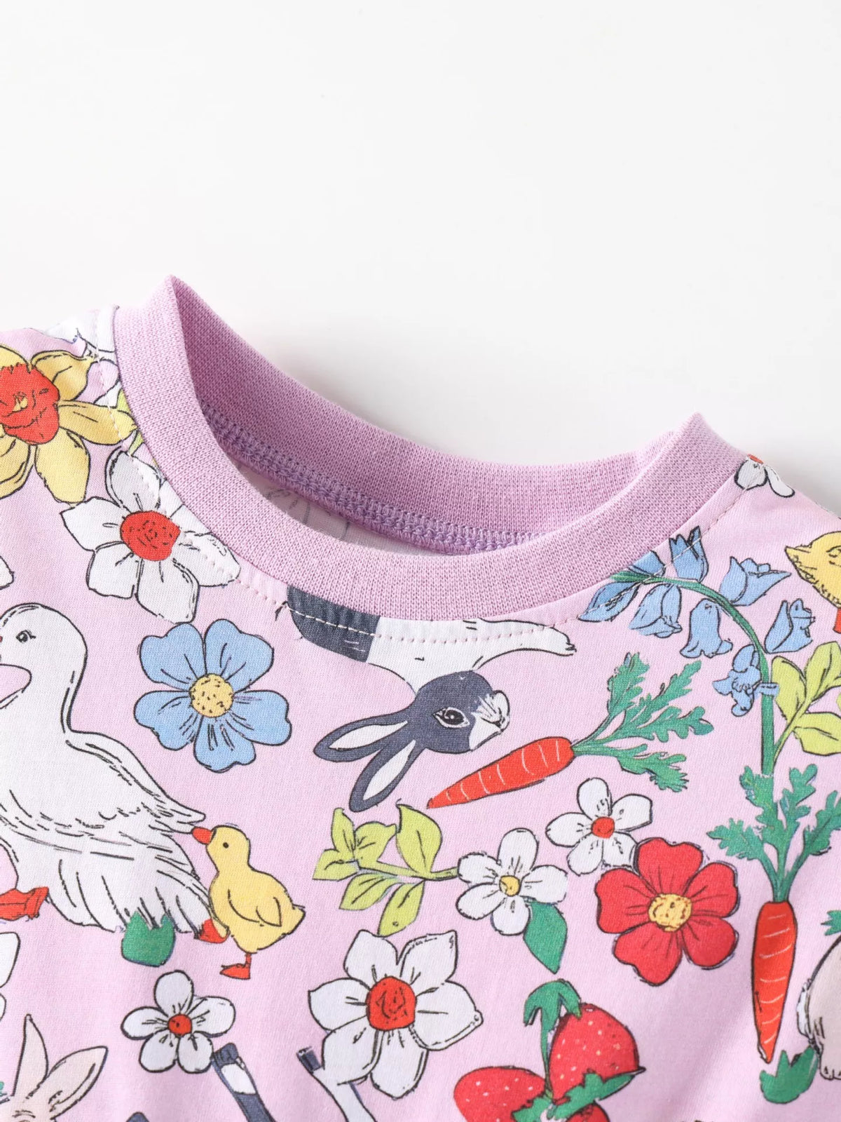 Pink Bunny and Floral Print Dress — round neckline and rabbit print