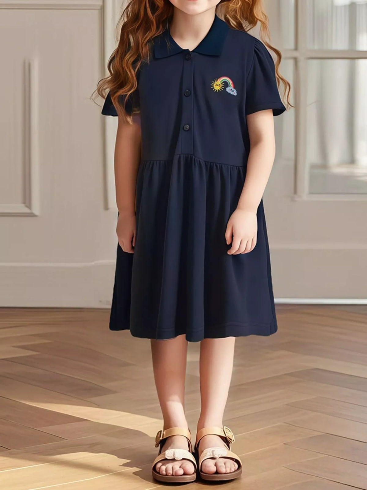 Navy Rainbow Embroidered Polo Dress — dress worn by a child