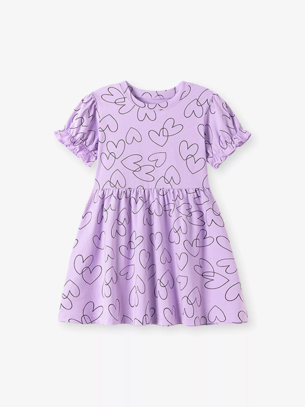Lavender outlined-heart dress with puff sleeves laid flat
