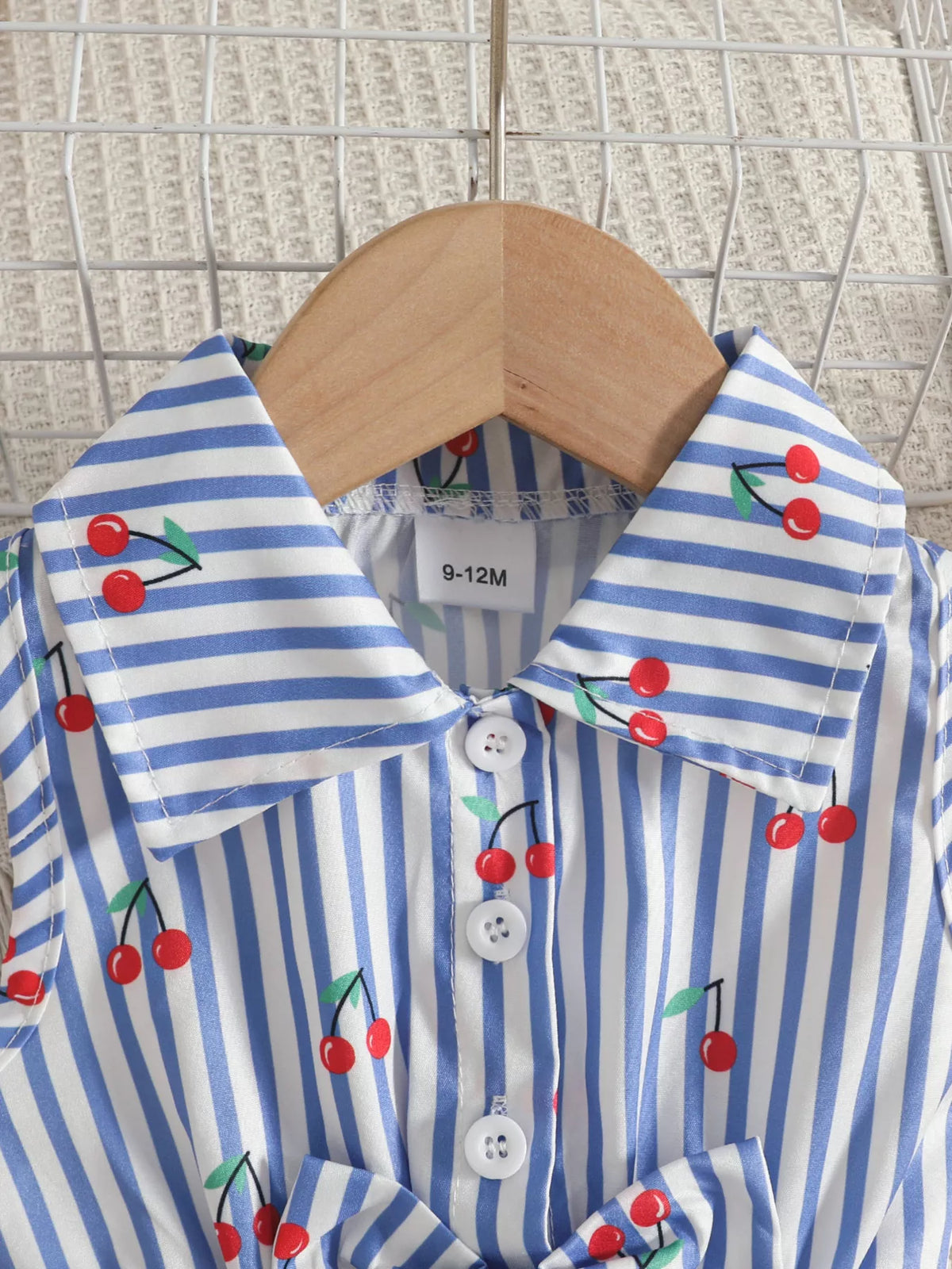 Striped cherry sleeveless romper and headband — blue striped collar and buttons