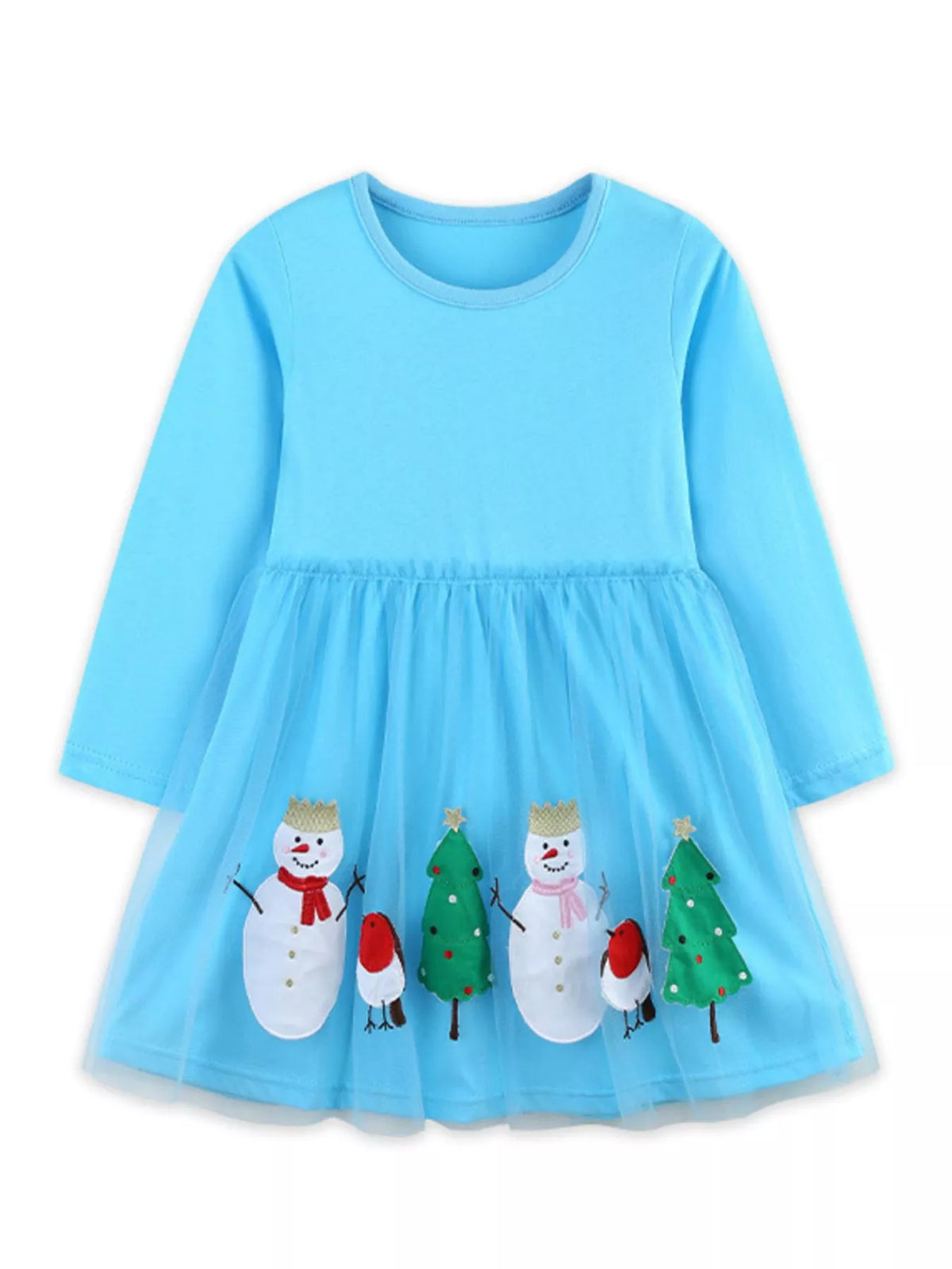 Blue Snowman Christmas Long Sleeve Dress — front view