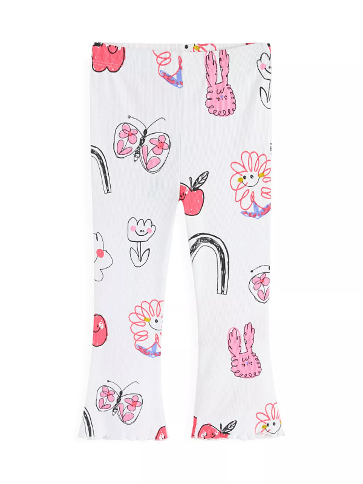 White doodle-print flared leggings laid flat