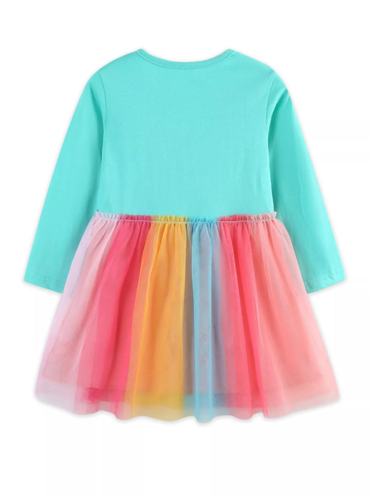 Turquoise Unicorn Rainbow Tulle Dress — back view
