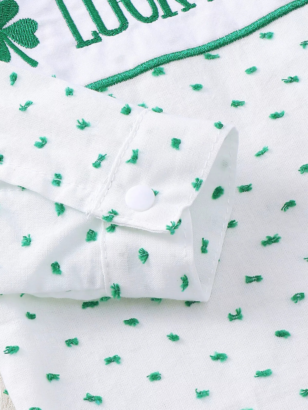 Lucky Charm gingham collar top and bloomers set — sleeve cuff and embroidered chest panel