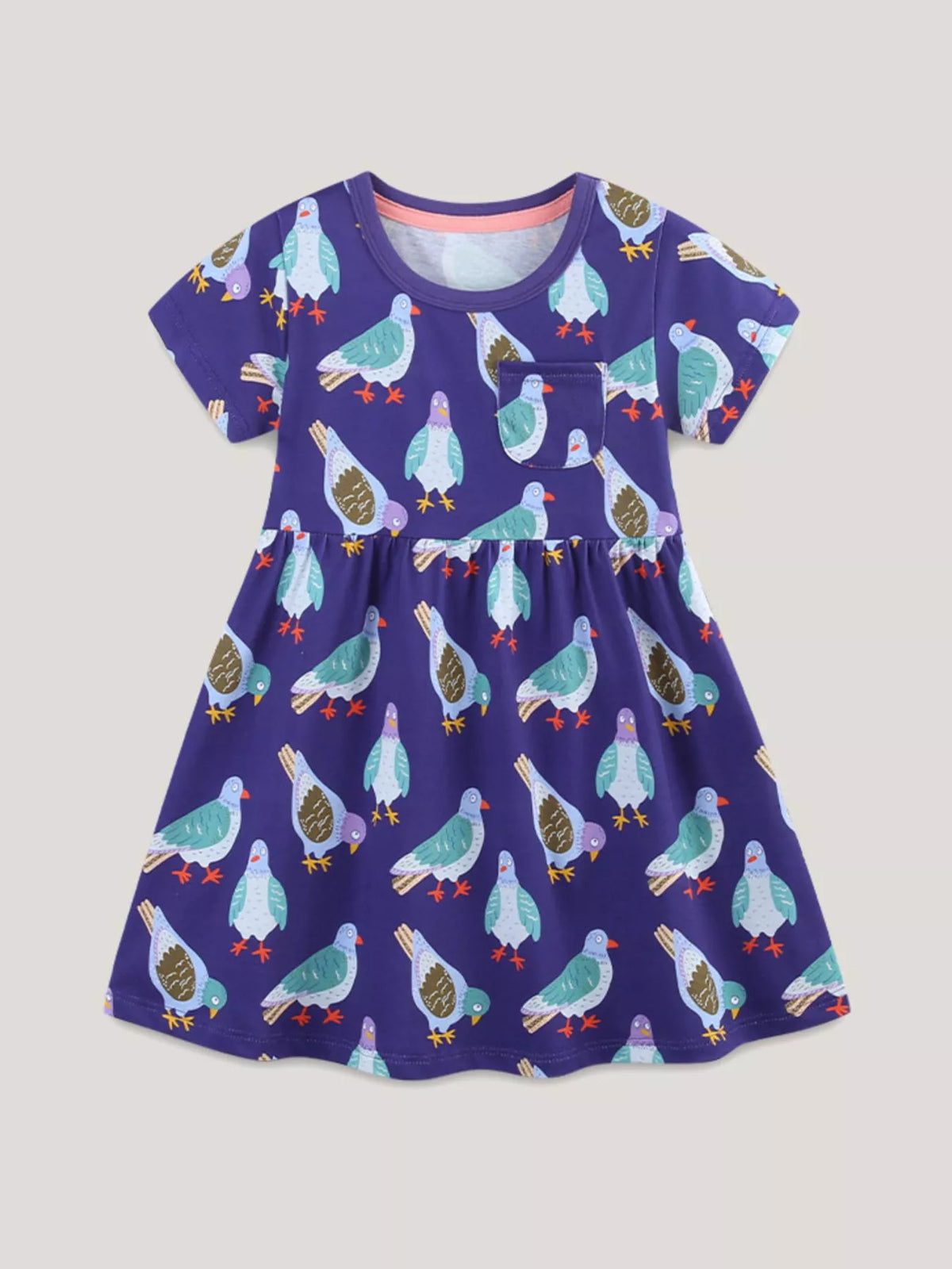Navy Pigeon Print Cotton Dress — front view