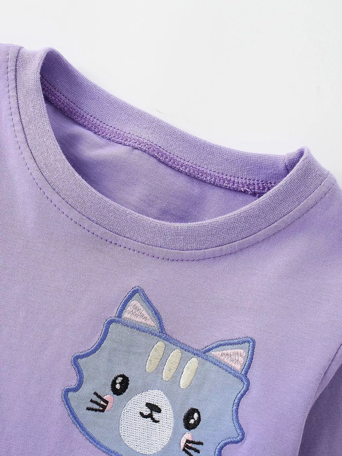 Lavender round neckline and small cat motif