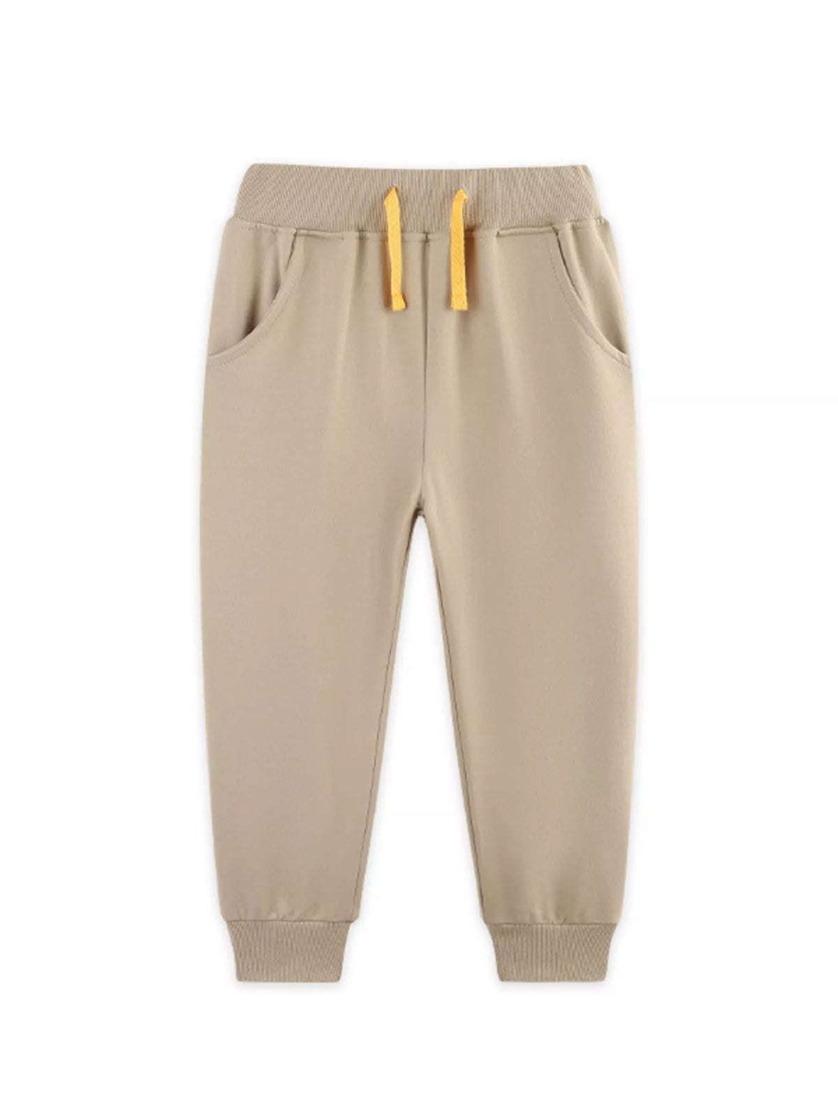 Tan drawstring joggers laid flat