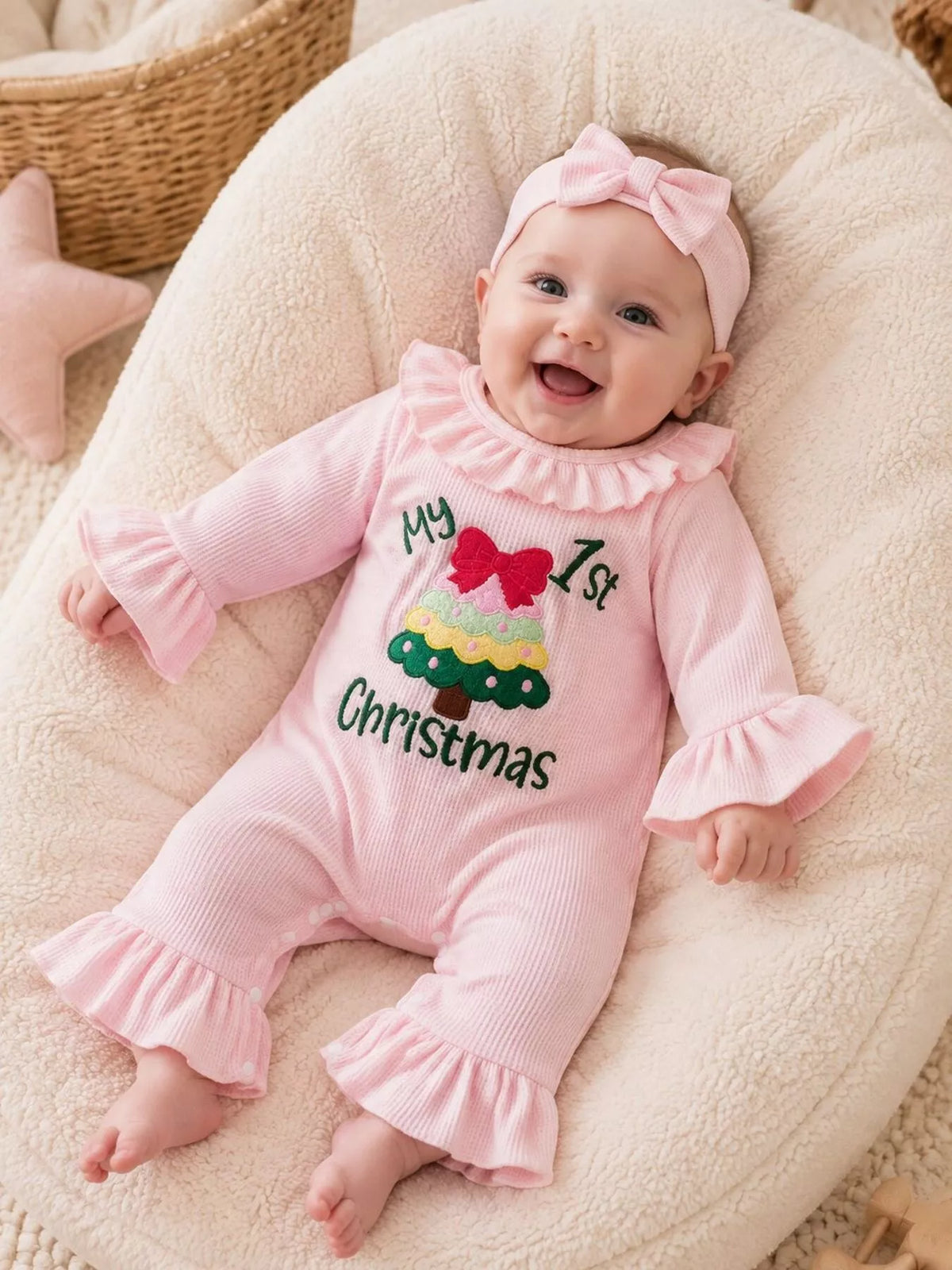 Jumpsuit and headband on a reclining baby
