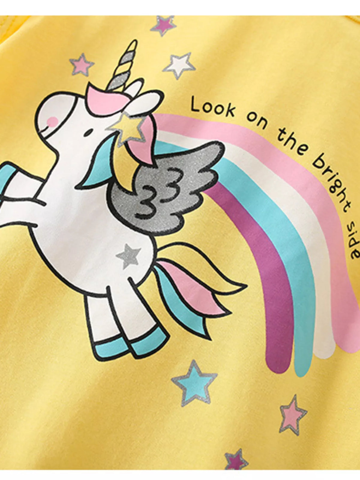 Yellow winged unicorn rainbow ruffle hem top — winged unicorn rainbow and lettering