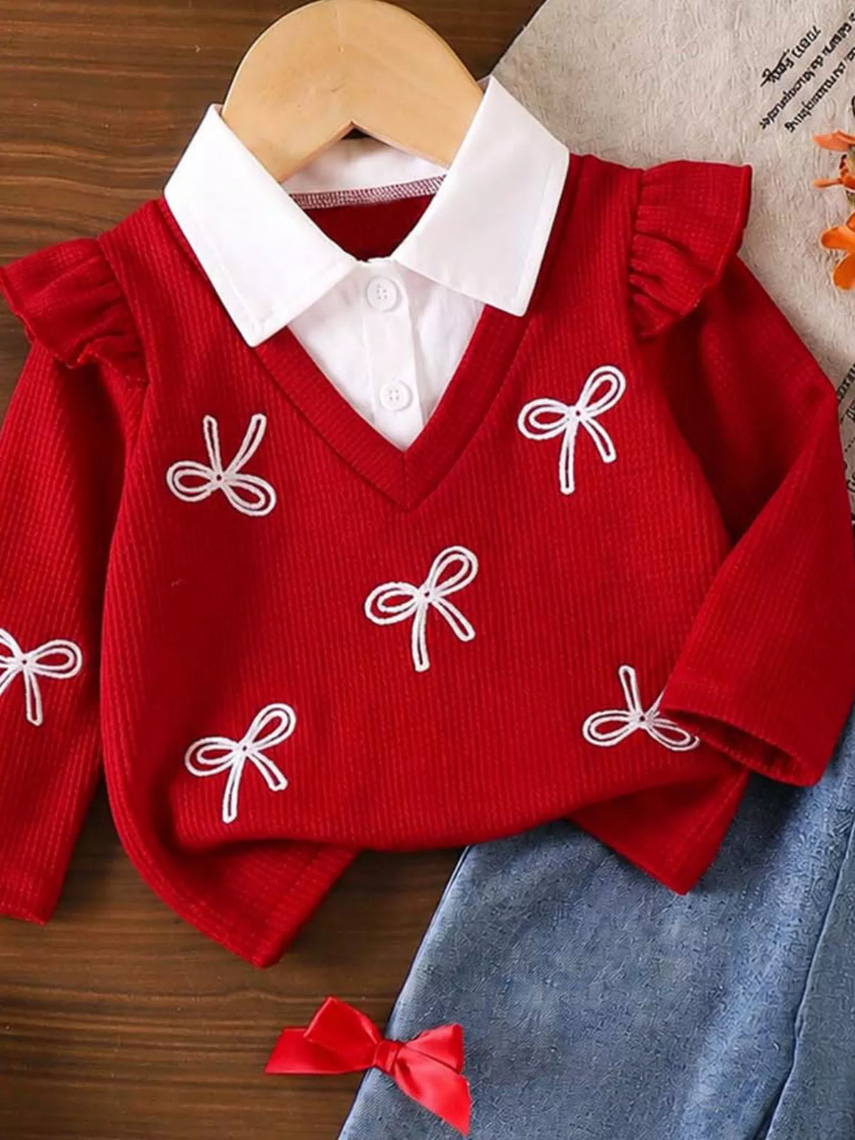 Red Bow Sweater and Jeans Set — white collar and bow-pattern sweater detail