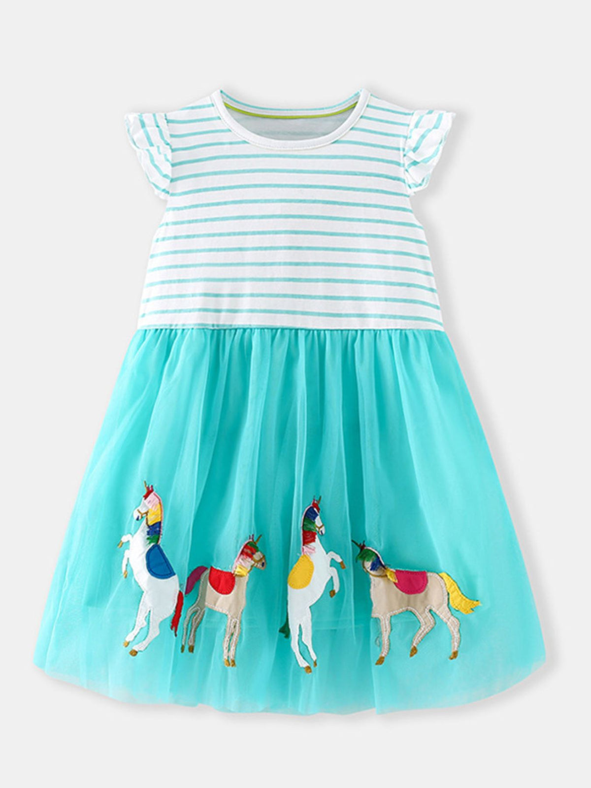 Striped Horse Embroidered Tulle Dress — front view