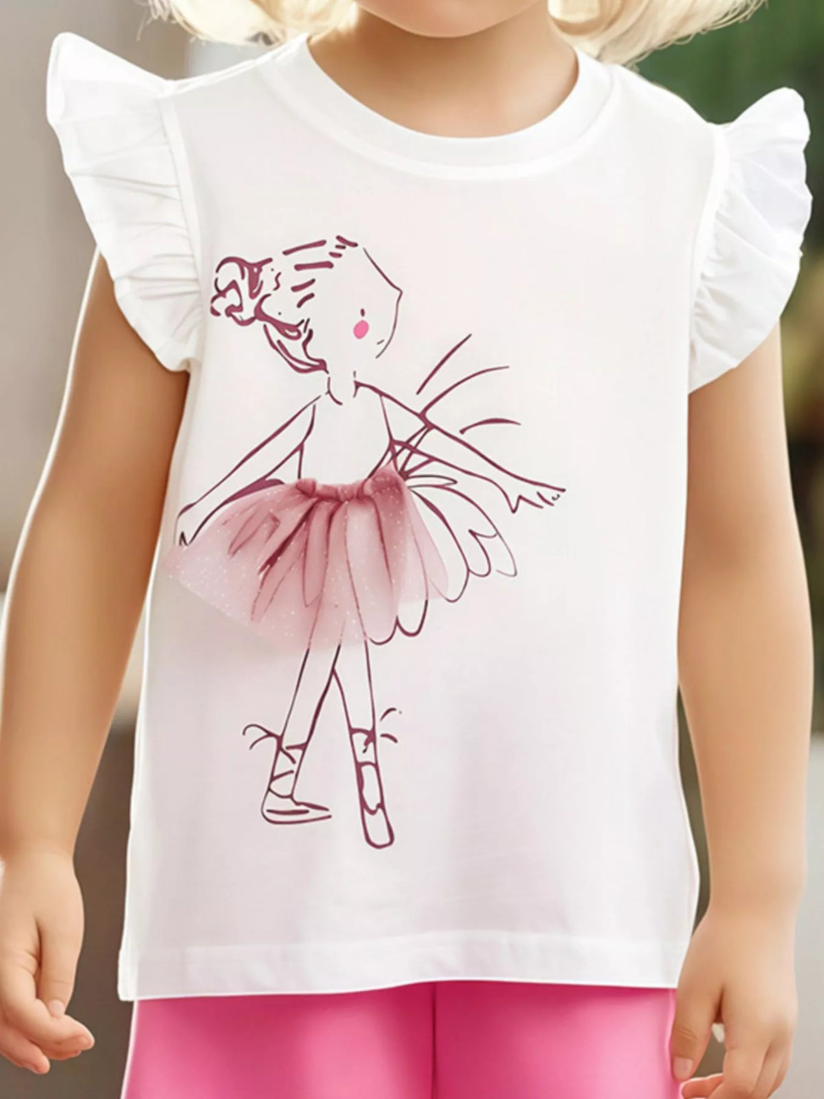 White and pink ballerina ruffle sleeve tops — white top shown on child