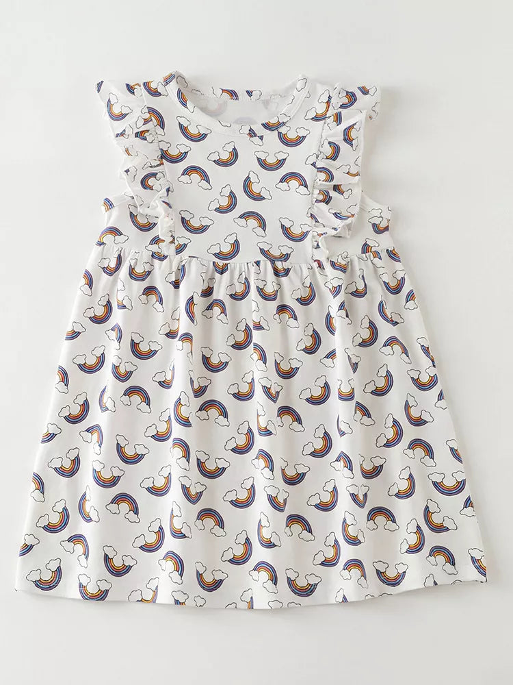 Pale rainbow-print dress with ruffled sleeves laid flat