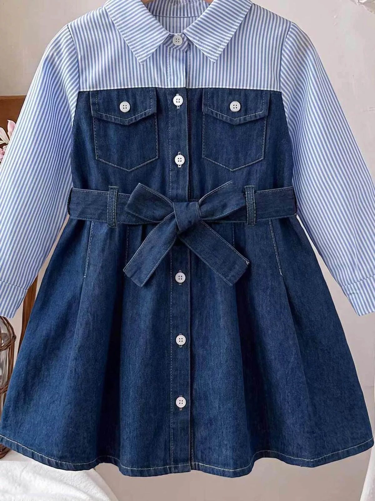Striped Denim Shirt Dress with Belt — front with tied waist belt