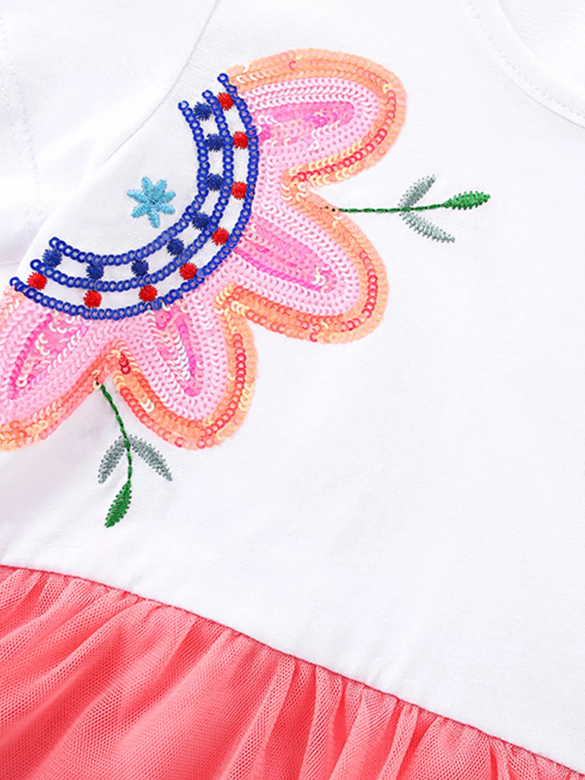 Embroidered Flower Coral Tulle Dress — embroidered sequin flower detail