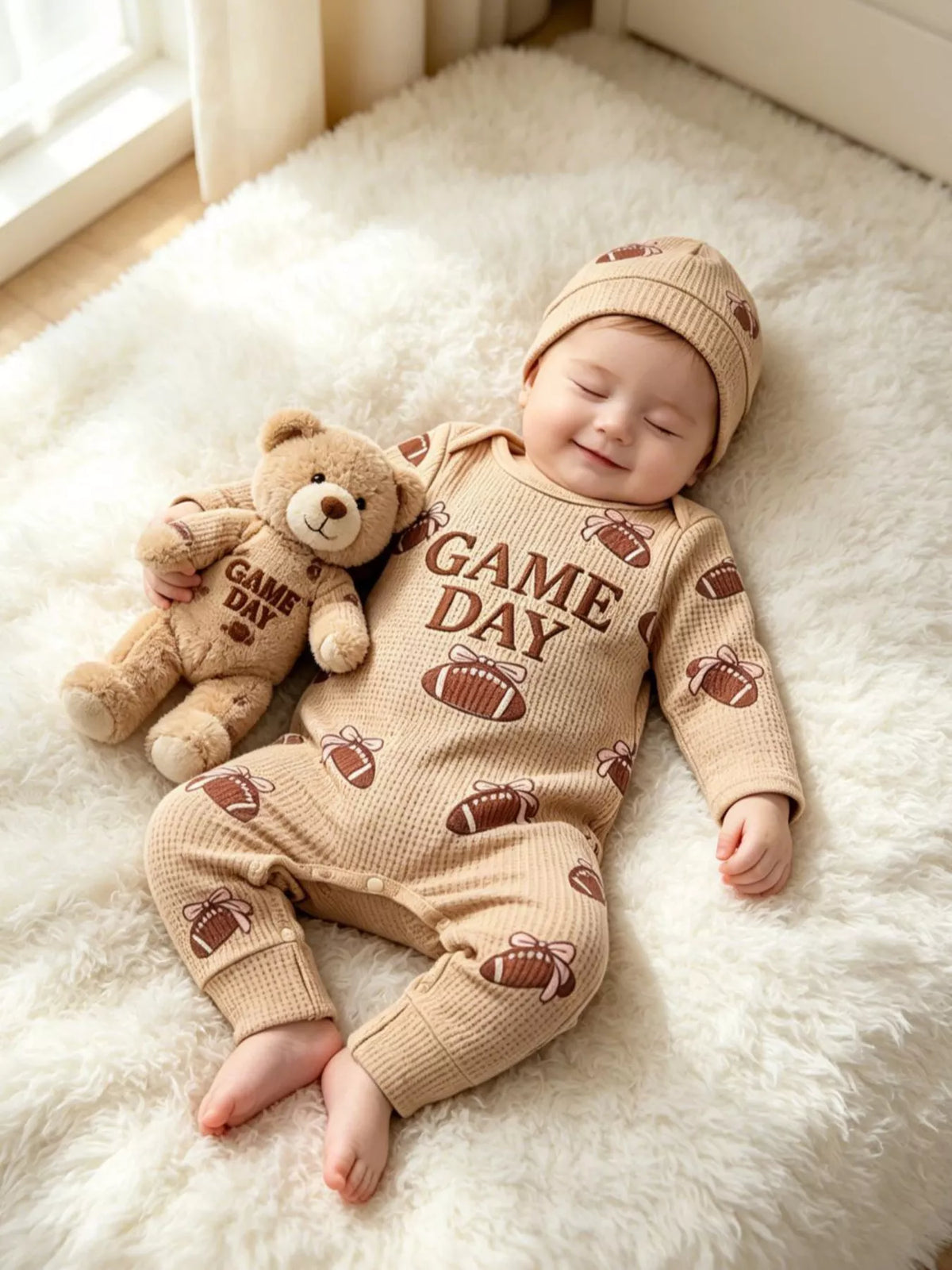 Football jumpsuit and hat on a reclining baby beside a teddy bear