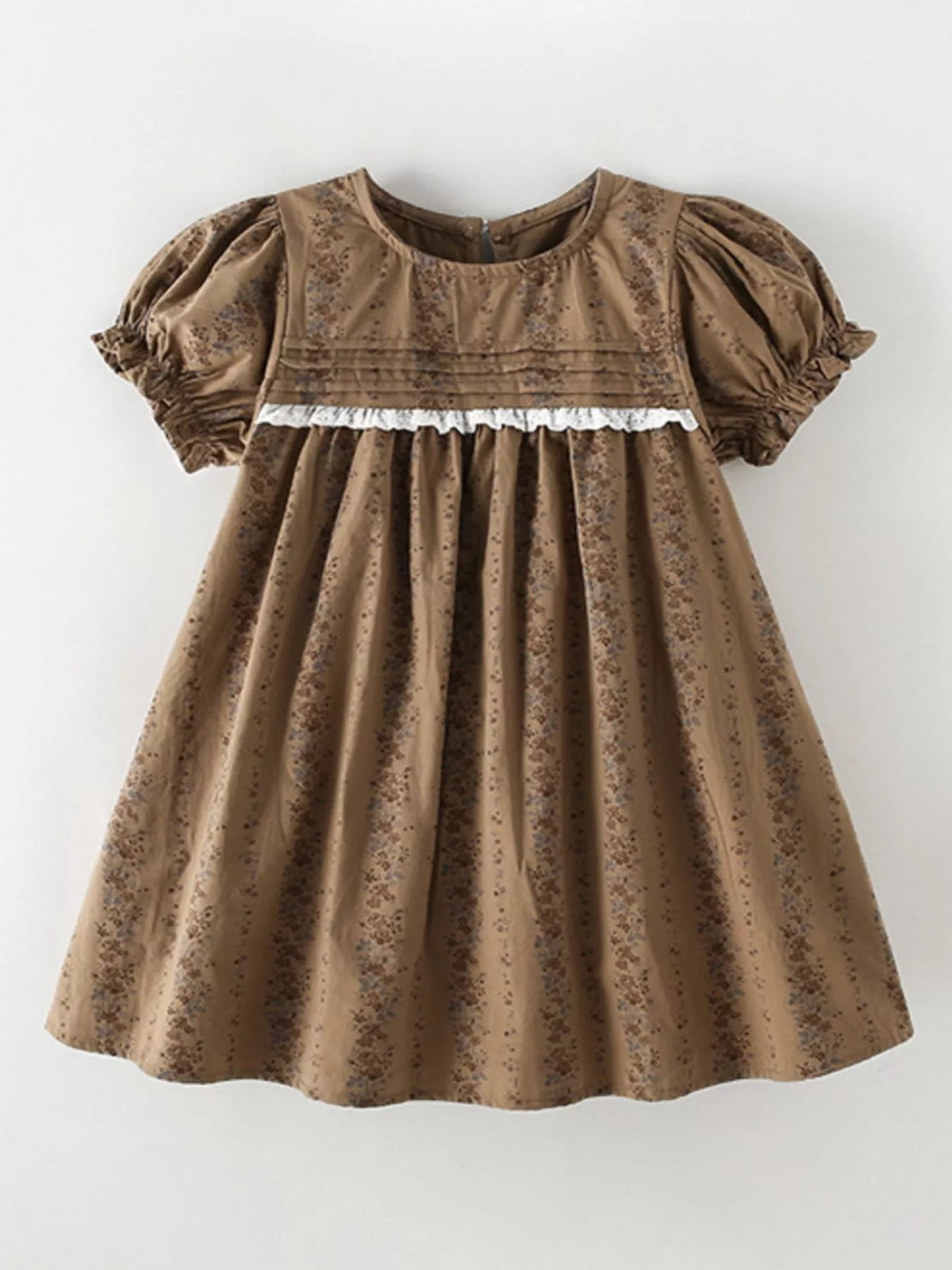 Brown floral puff-sleeve dress with lace trim laid flat