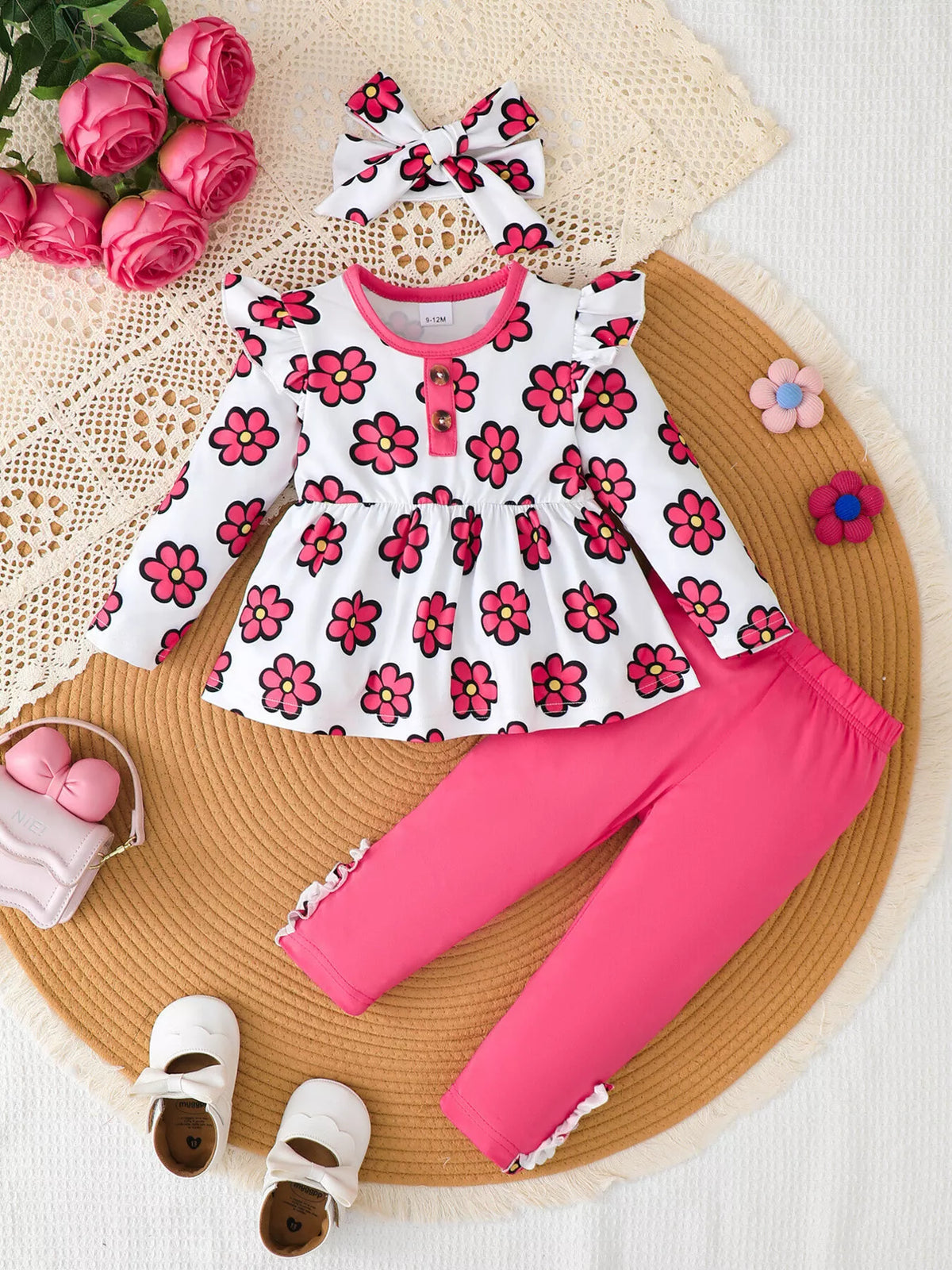 Pink floral peplum top leggings and headband — full outfit front