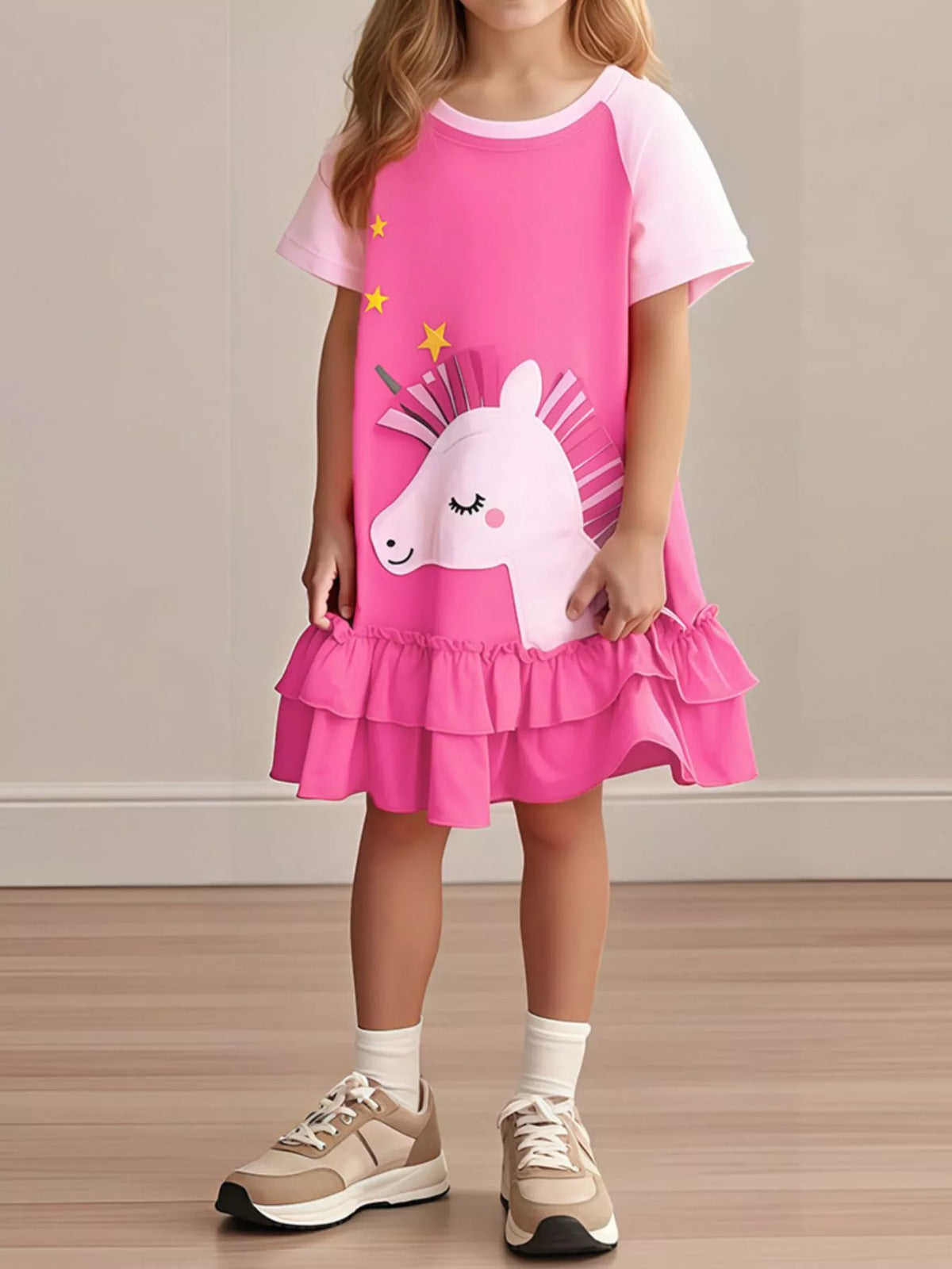 Pink Unicorn Double-Ruffle Hem Dress — dress worn by a child