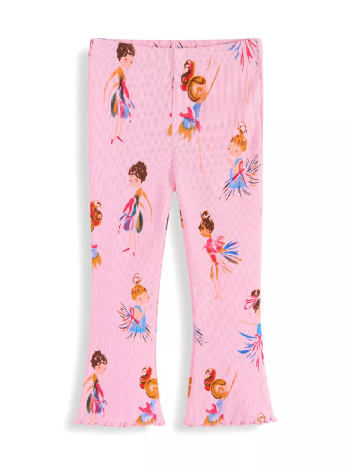 Pink fairy-print flared leggings laid flat