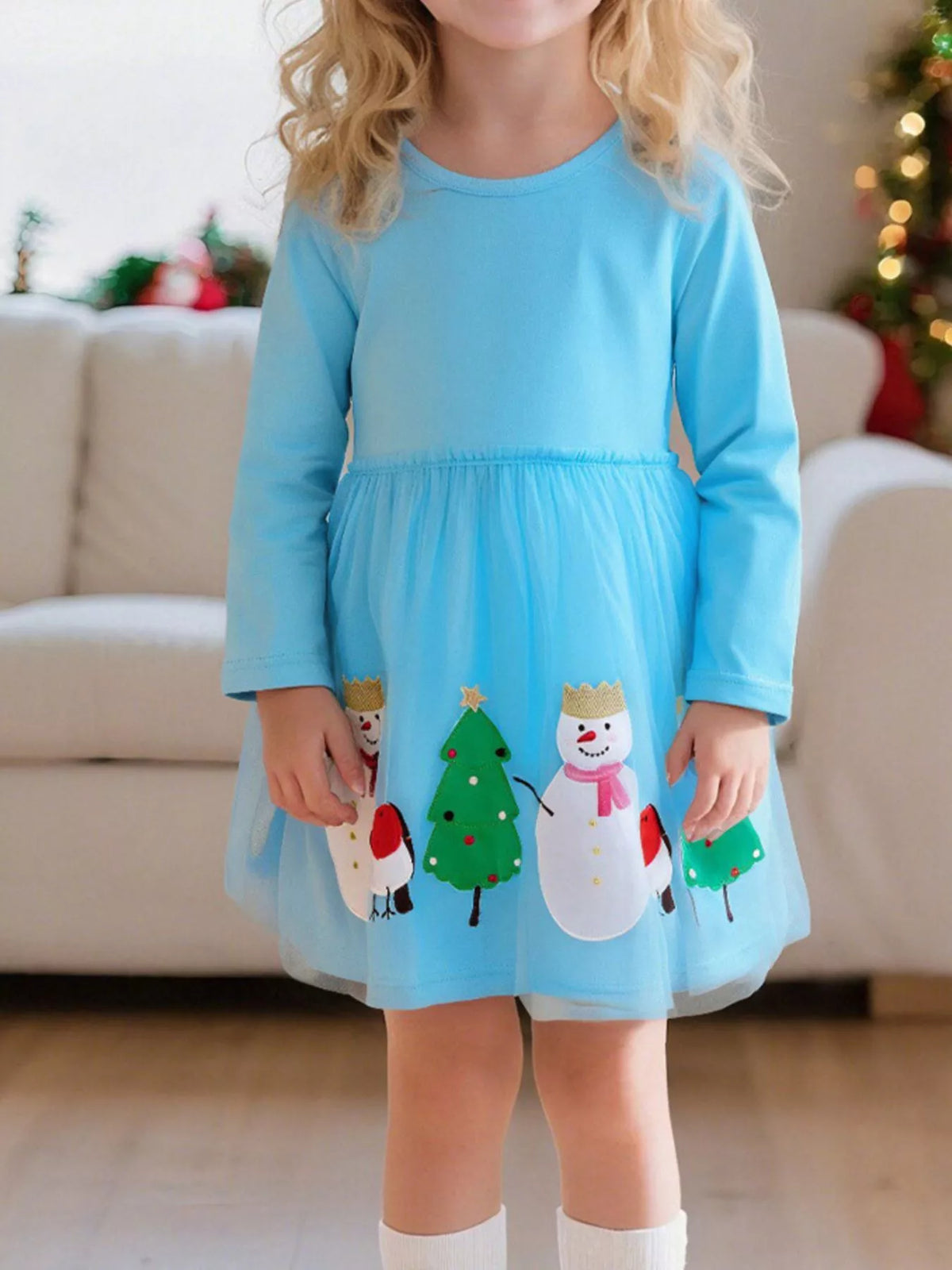 Blue Snowman Christmas Long Sleeve Dress — dress worn by a child